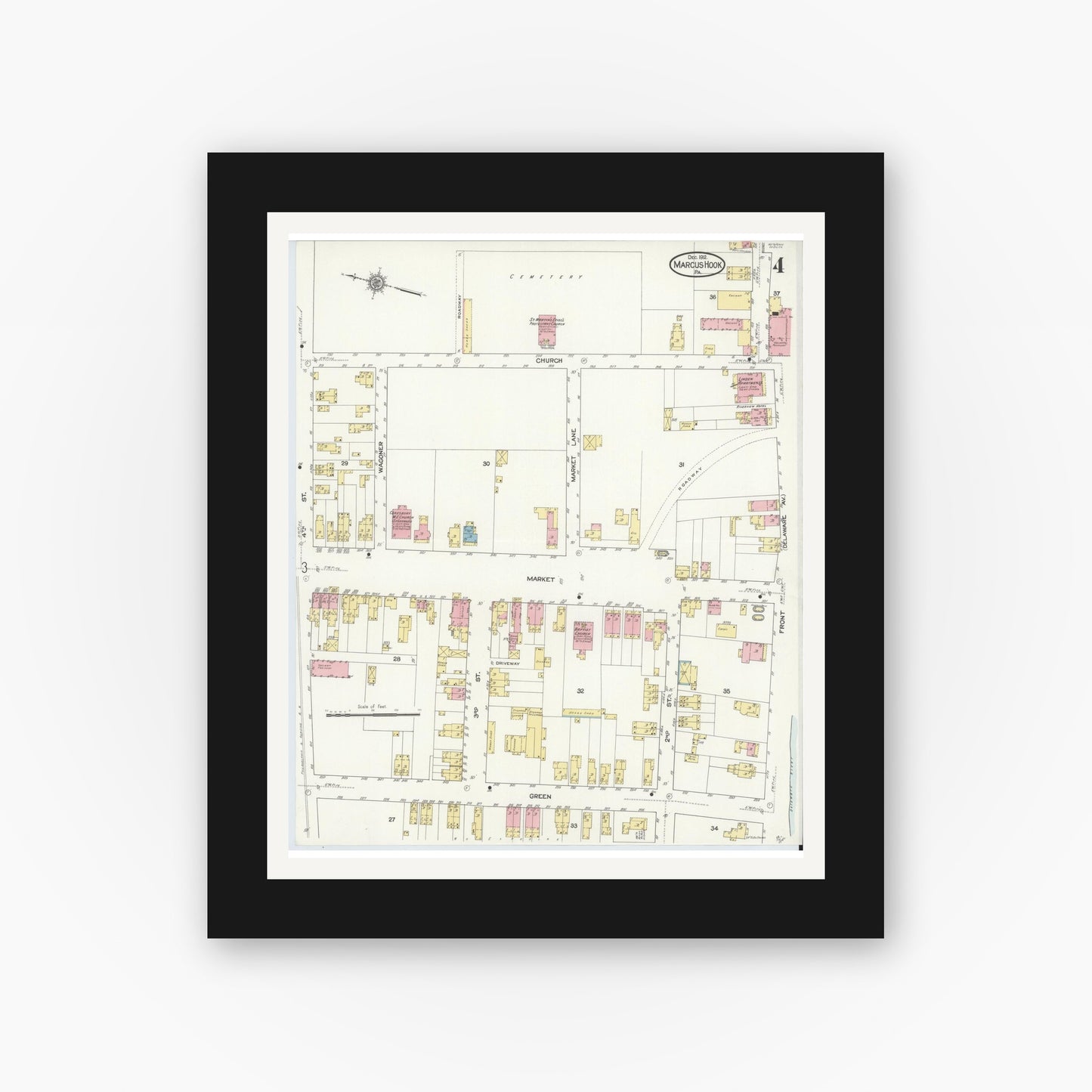 Old map wall art mockup — black gallery frame with white mat — Sanborn Fire Insurance Map from Marcus Hook, Chester County, Pennsylvania (1912), Sheet #0004
