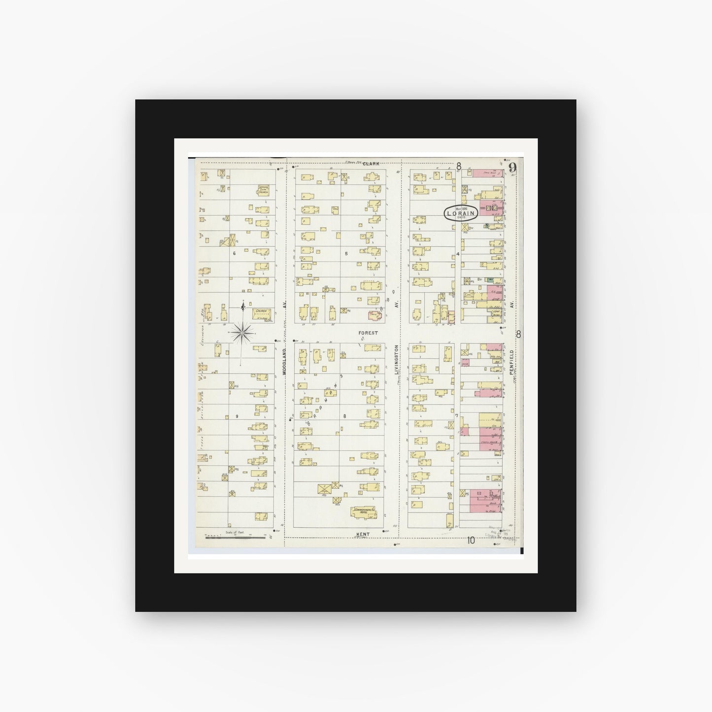 Old map wall art mockup — black gallery frame with white mat — Sanborn Fire Insurance Map from Lorain, Lorain County, Ohio (1896), Sheet #0009