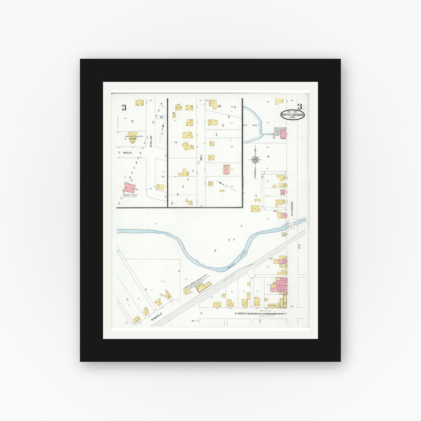 Old map wall art mockup — black gallery frame with white mat — Sanborn Fire Insurance Map from North Lewisburg, Champaign County, Ohio (1926), Sheet #0003