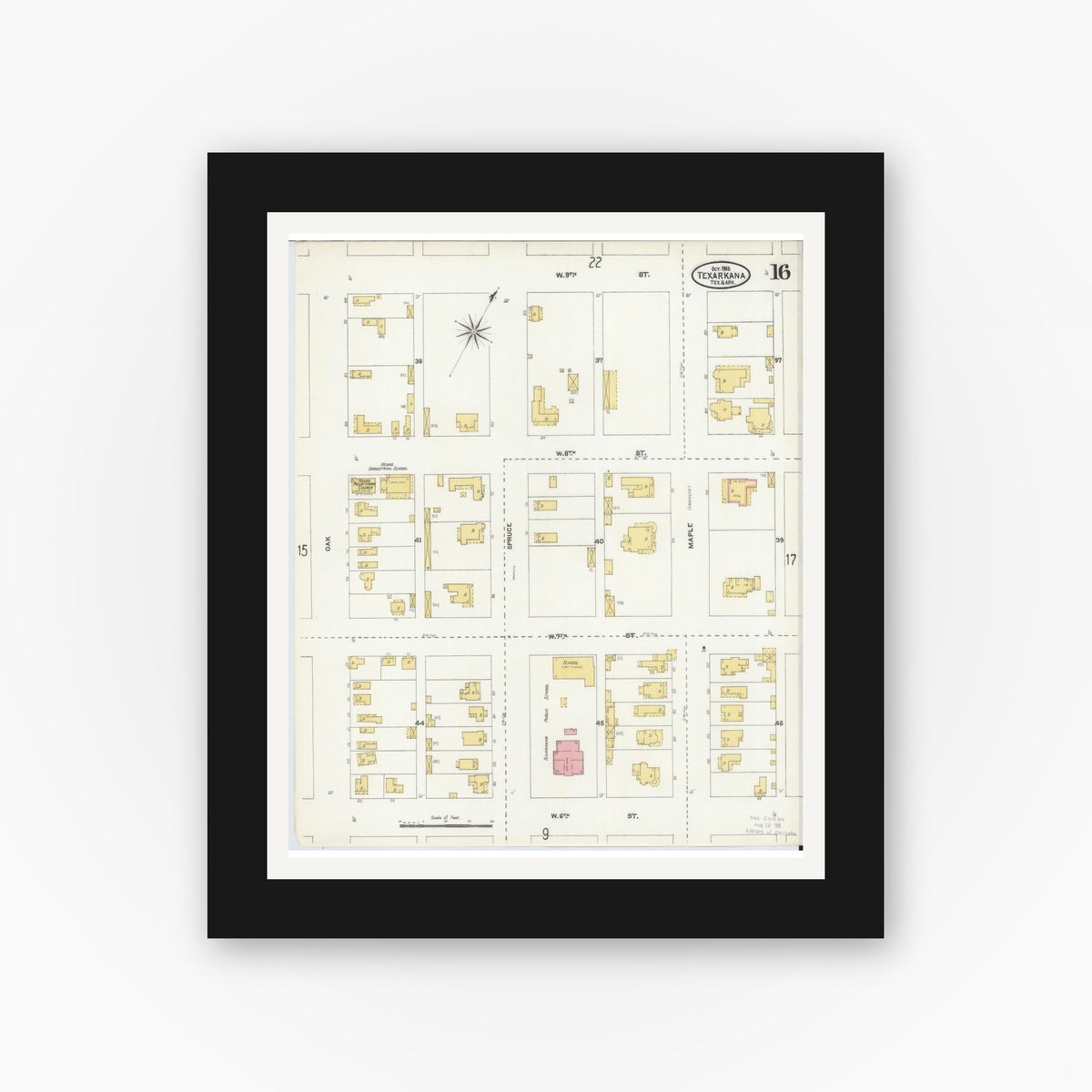 Old map wall art mockup — black gallery frame with white mat — Sanborn Fire Insurance Map from Texarkana, Bowie County, Texas (1905), Sheet #0016