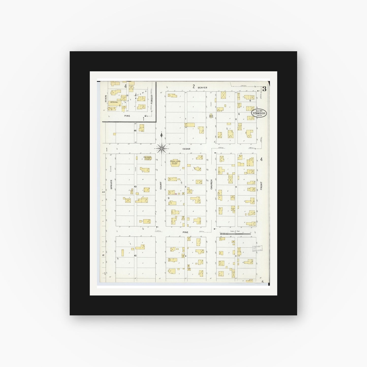 Old map wall art mockup — black gallery frame with white mat — Sanborn Fire Insurance Map from Standish, Arenac County, Michigan (1909), Sheet #0003
