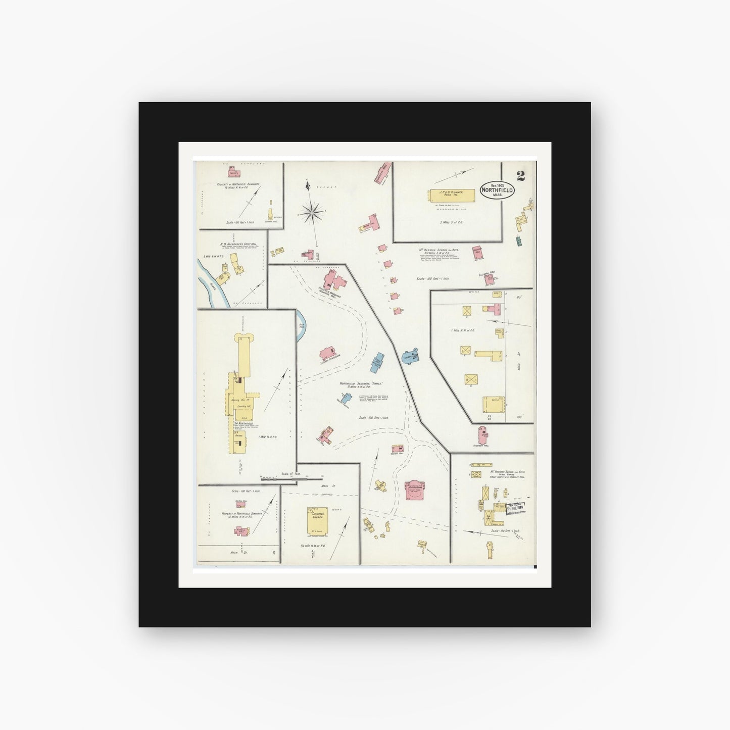 Old map wall art mockup — black gallery frame with white mat — Sanborn Fire Insurance Map from Northfield, Franklin County, Massachusetts (1902), Sheet #0002
