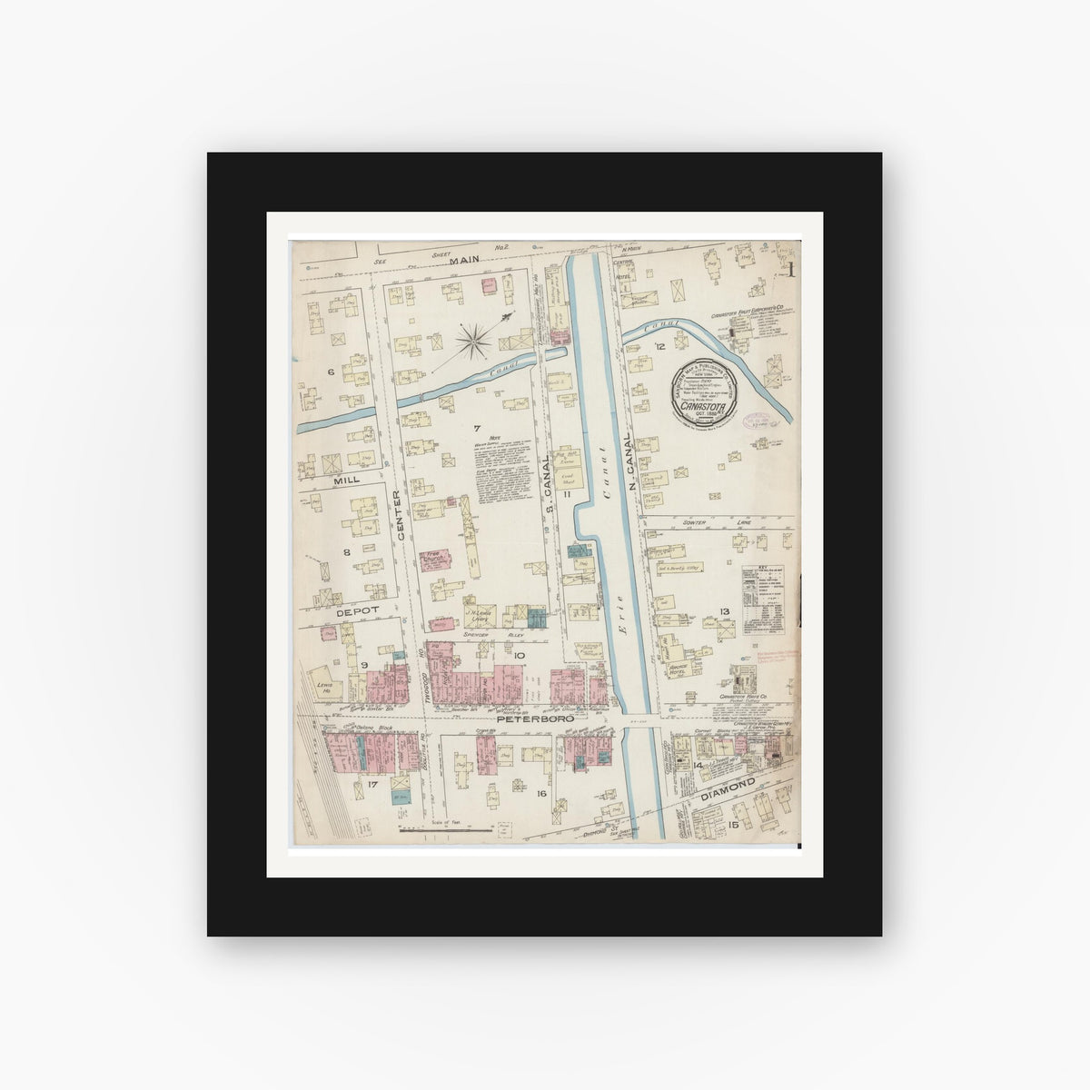 Old map wall art mockup — black gallery frame with white mat — Sanborn Fire Insurance Map from Canastota, Madison County, New York (1885) - Complete Map Set