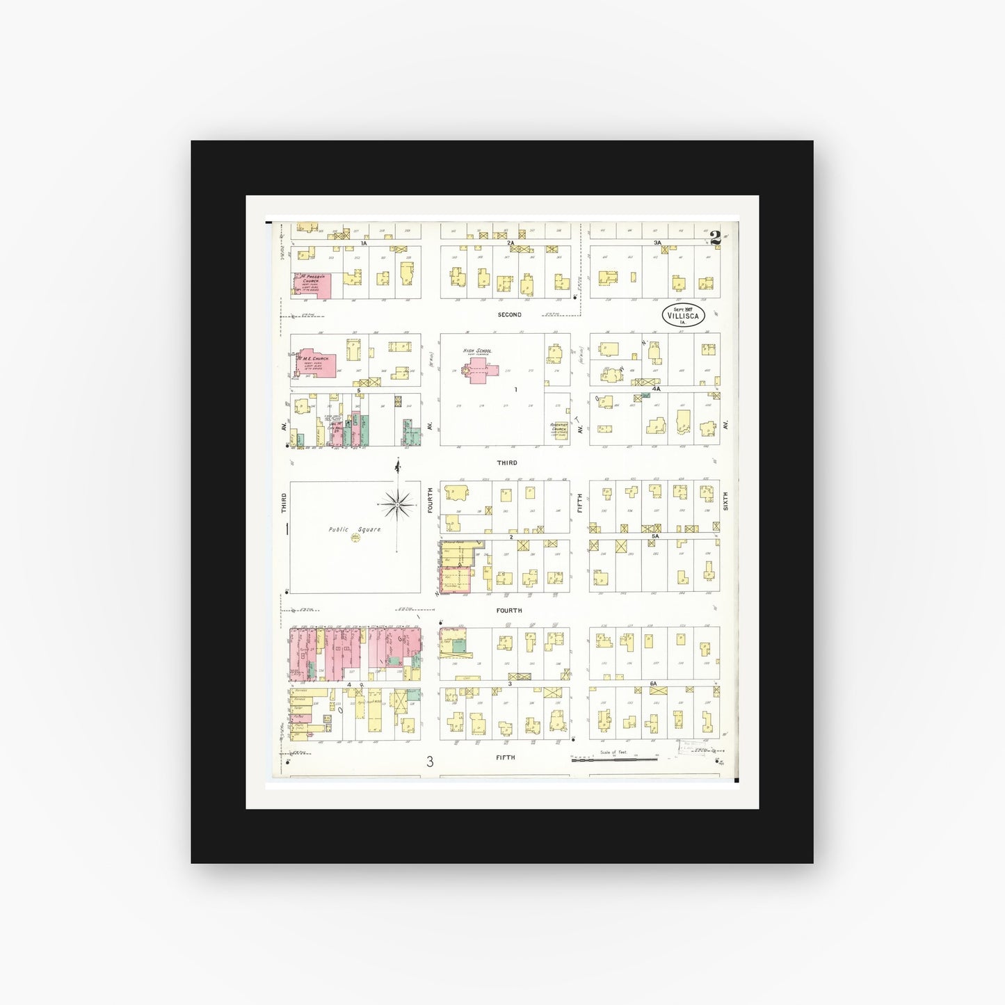 Old map wall art mockup — black gallery frame with white mat — Sanborn Fire Insurance Map from Villisca, Montgomery County, Iowa (1907), Sheet #0002