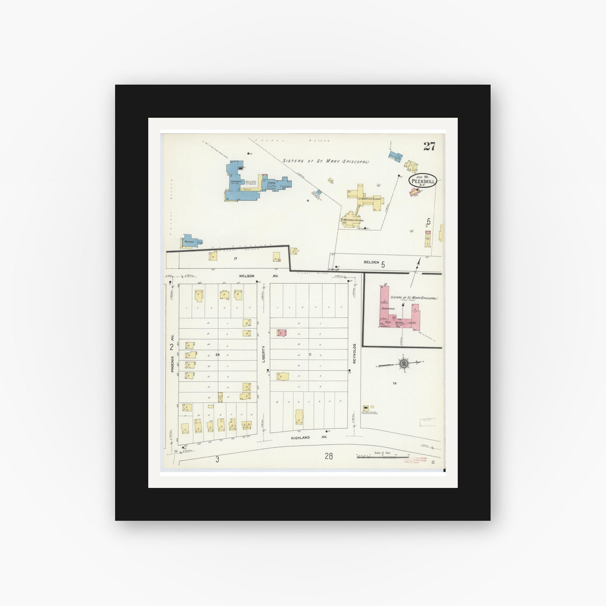 Old map wall art mockup — black gallery frame with white mat — Sanborn Fire Insurance Map from Peekskill, Westchester County, New York (1911), Sheet #0027