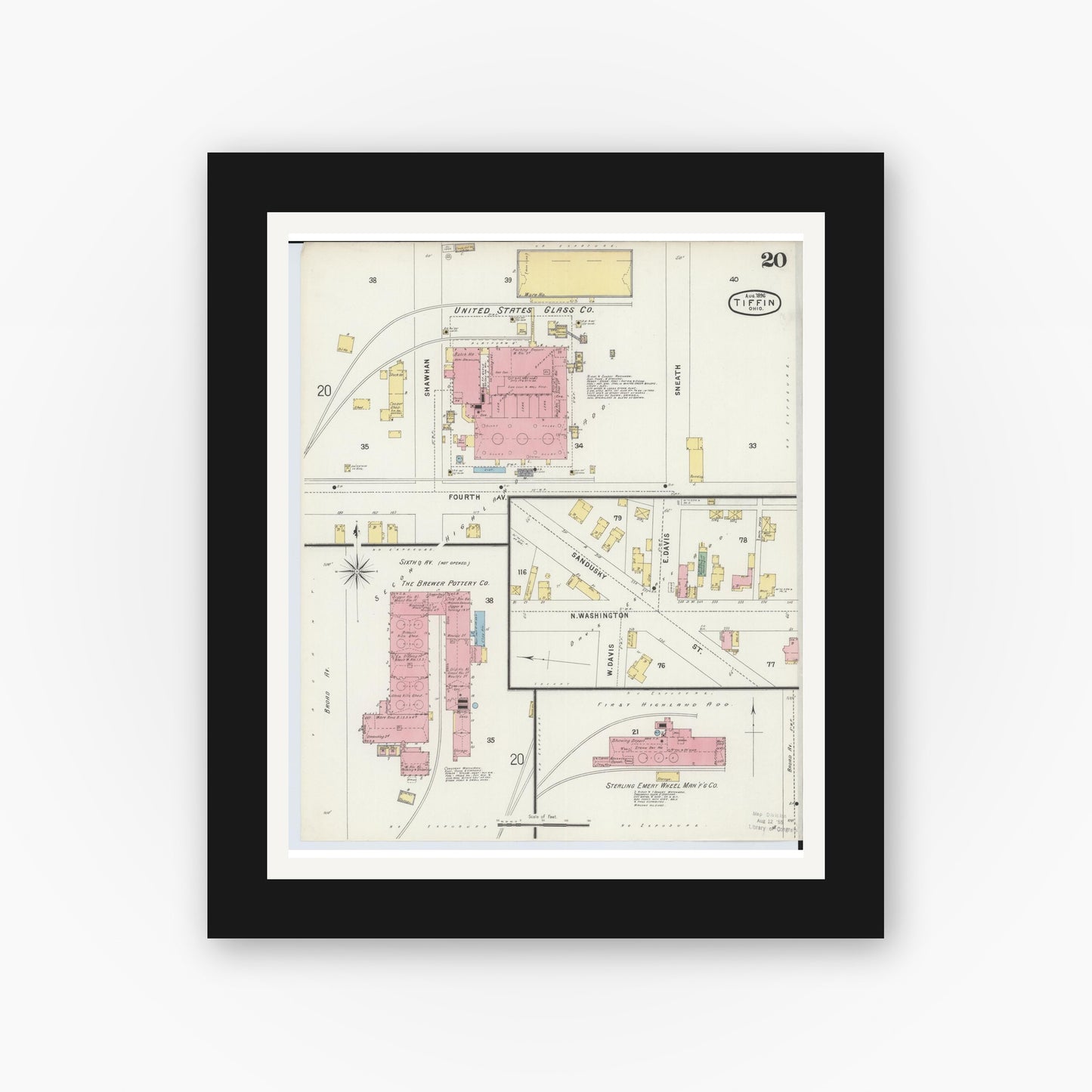 Old map wall art mockup — black gallery frame with white mat — Sanborn Fire Insurance Map from Tiffin, Seneca County, Ohio (1896), Sheet #0020
