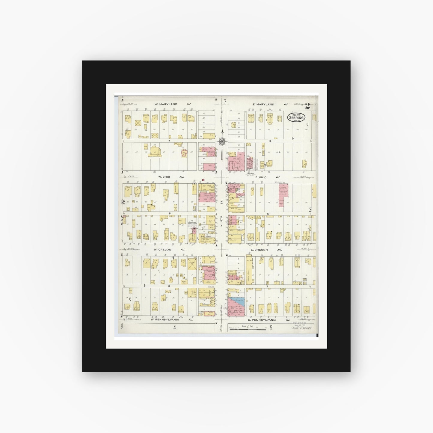 Old map wall art mockup — black gallery frame with white mat — Sanborn Fire Insurance Map from Sebring, Mahoning County, Ohio (1915), Sheet #0002