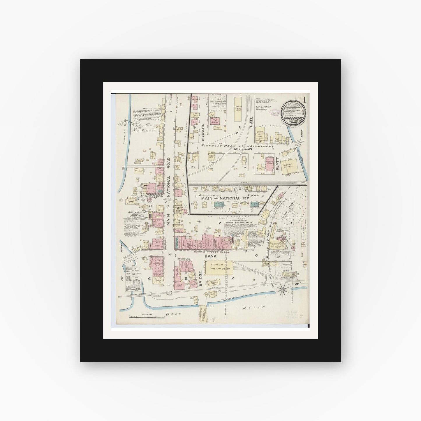 Old map wall art mockup — black gallery frame with white mat — Sanborn Fire Insurance Map from Bridgeport, Belmont County, Ohio (1886), Sheet #0001