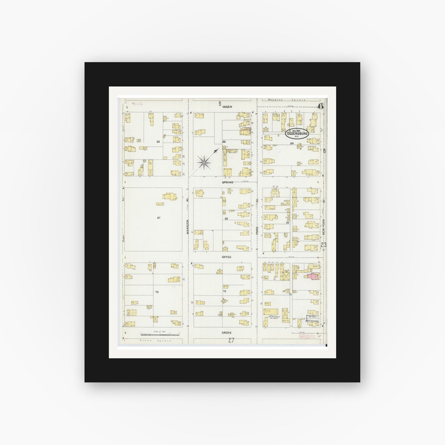 Old map wall art mockup — black gallery frame with white mat — Sanborn Fire Insurance Map from Ogdensburg, St. Lawrence County, New York (1904), Sheet #0006