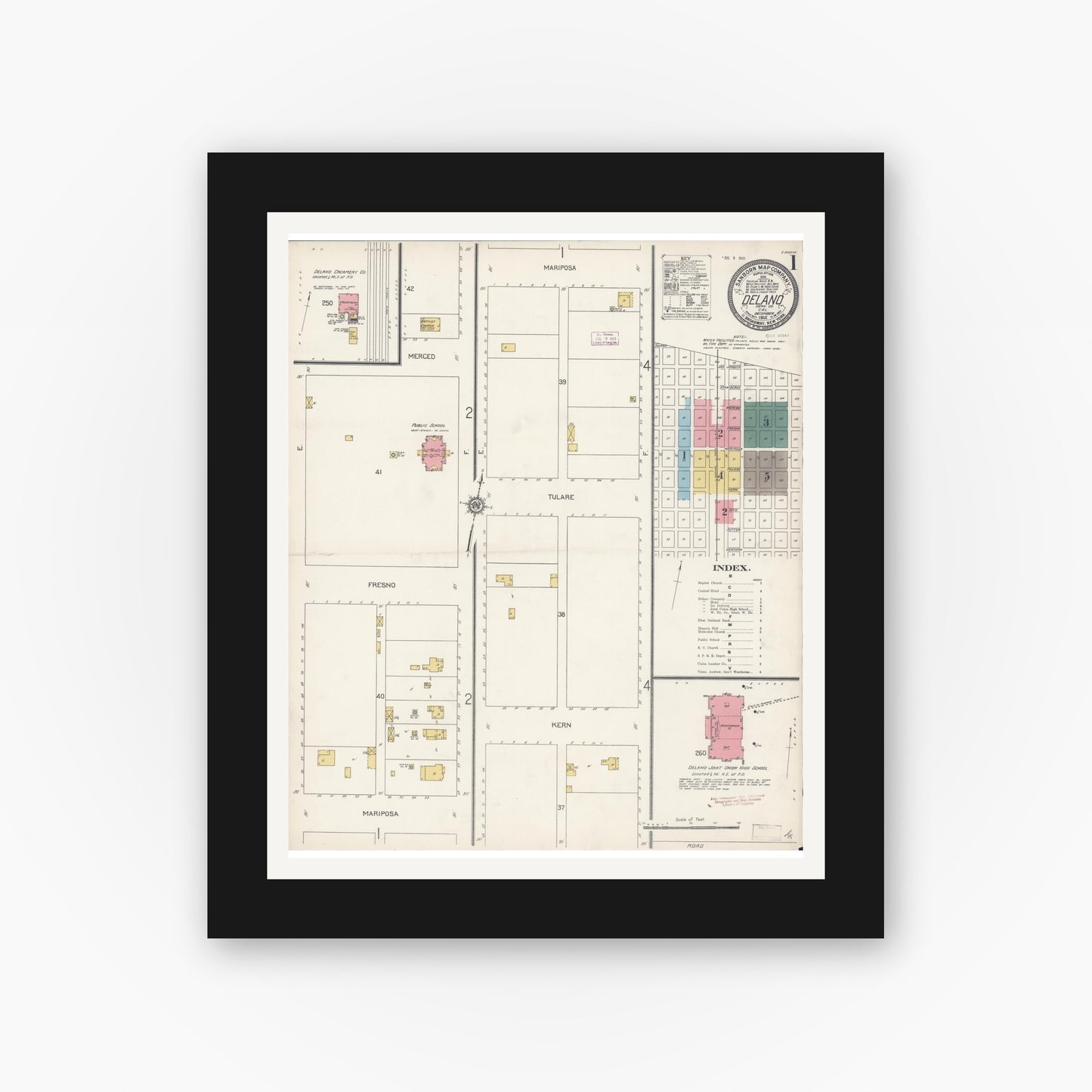 Old map wall art mockup — black gallery frame with white mat — Sanborn Fire Insurance Map from Delano, Kern County, California (1912) - Complete Map Set