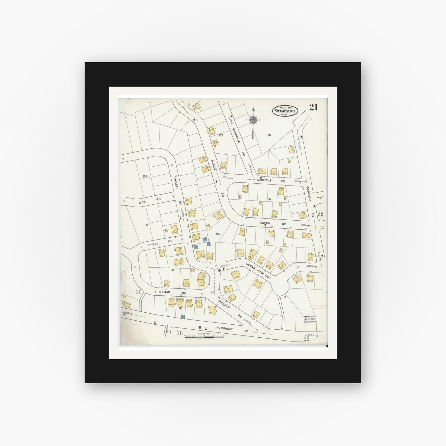 Old map wall art mockup — black gallery frame with white mat — Sanborn Fire Insurance Map from Swampscott, Essex County, Massachusetts (1920), Sheet #0021