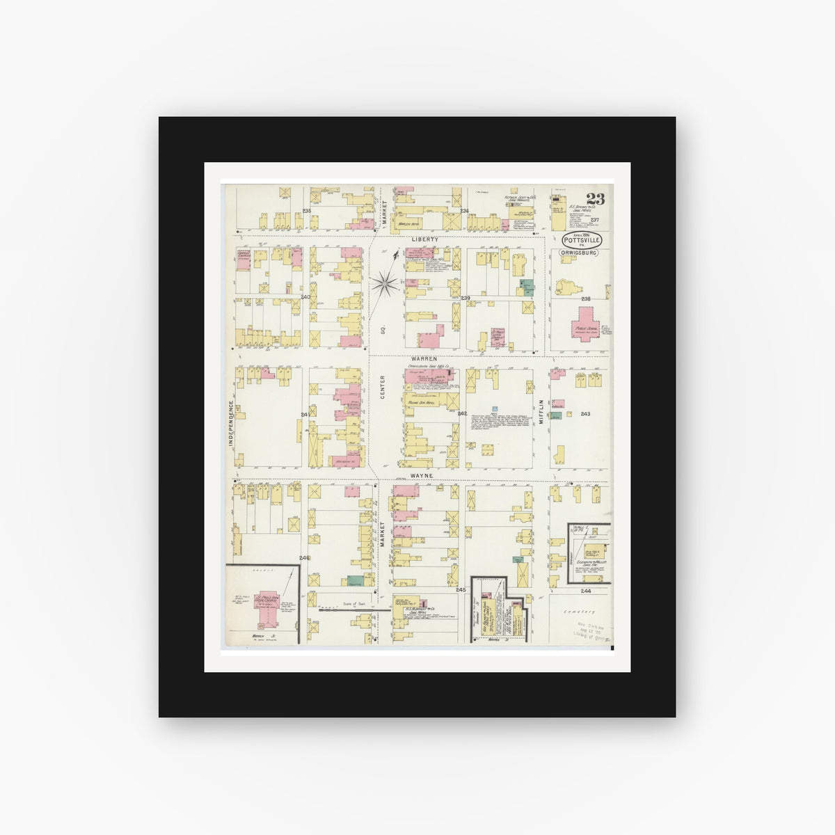 Old map wall art mockup — black gallery frame with white mat — Sanborn Fire Insurance Map from Pottsville, Schuylkill County, Pennsylvania (1895), Sheet #0023
