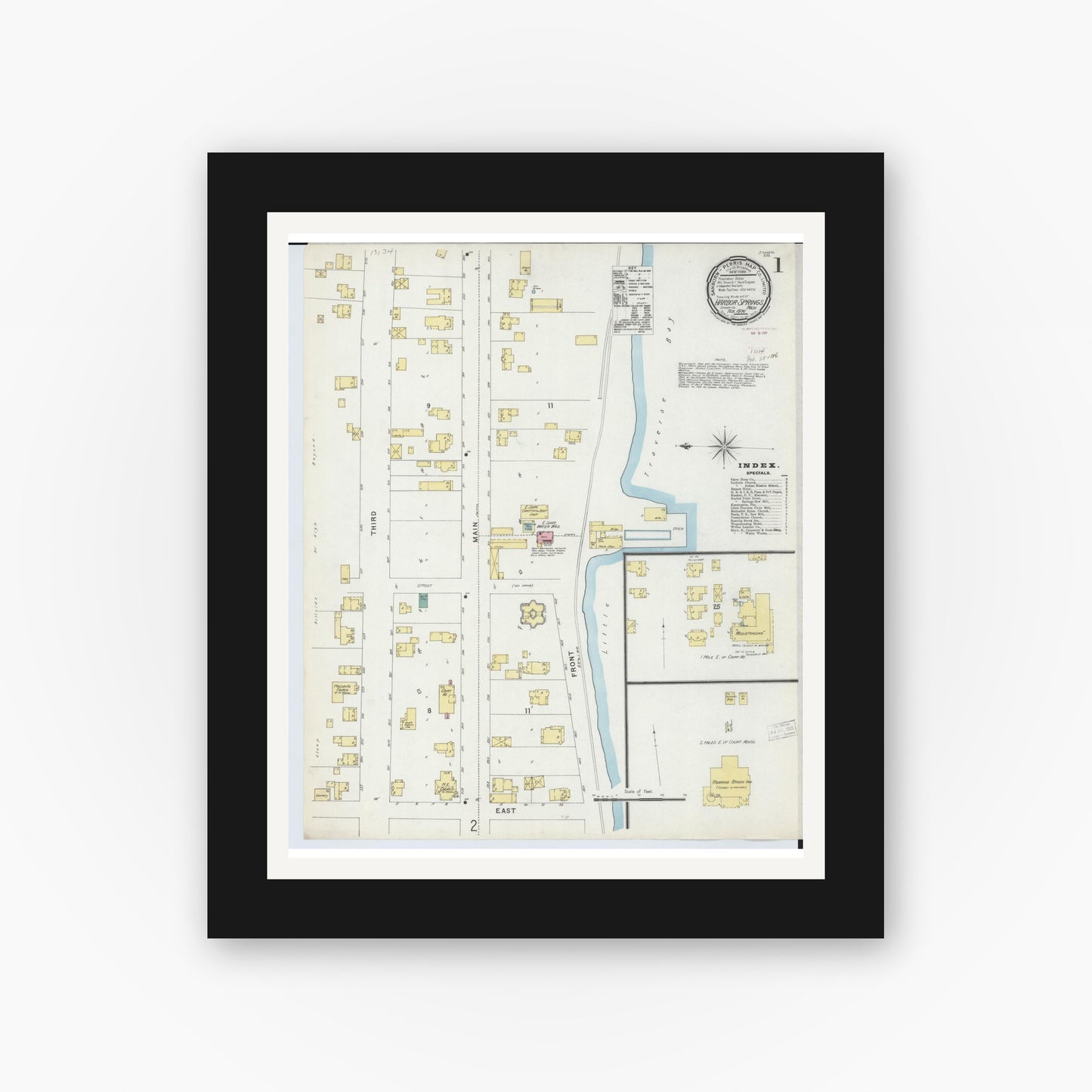 Old map wall art mockup β black gallery frame with white mat β Sanborn Fire Insurance Map from Harbor Springs, Emmet County, Michigan (1896) - Complete Map Set
