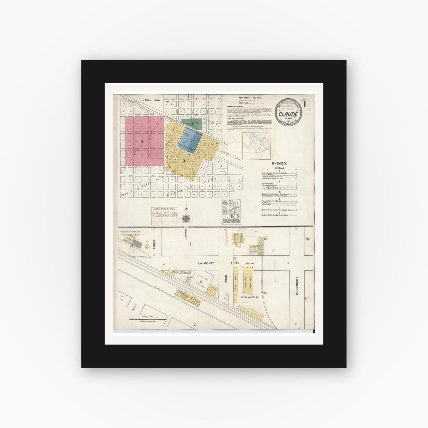 Old map wall art mockup — black gallery frame with white mat — Sanborn Fire Insurance Map from Claude, Armstrong County, Texas (1932), Sheet #0001