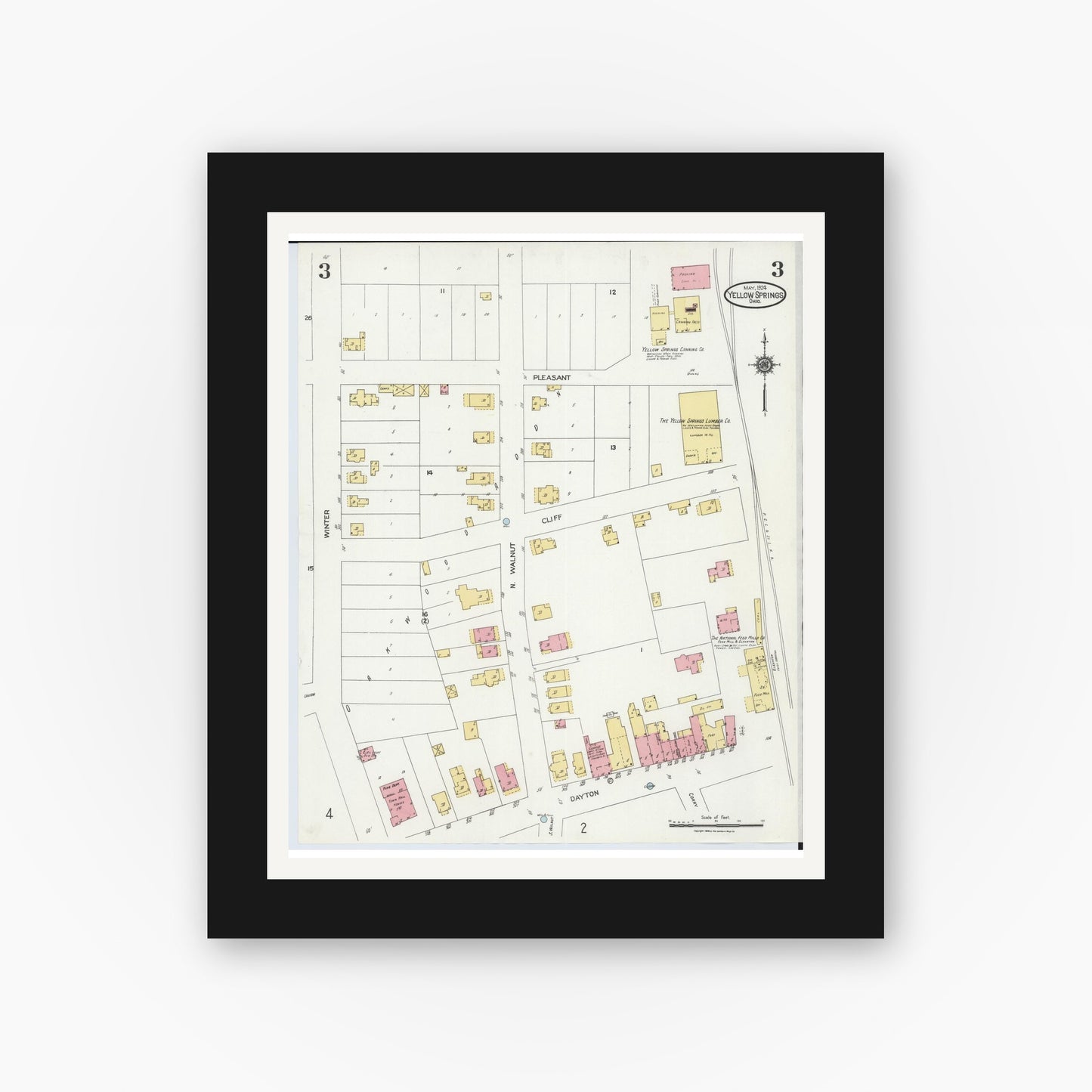 Old map wall art mockup — black gallery frame with white mat — Sanborn Fire Insurance Map from Yellow Springs, Greene County, Ohio (1924), Sheet #0003