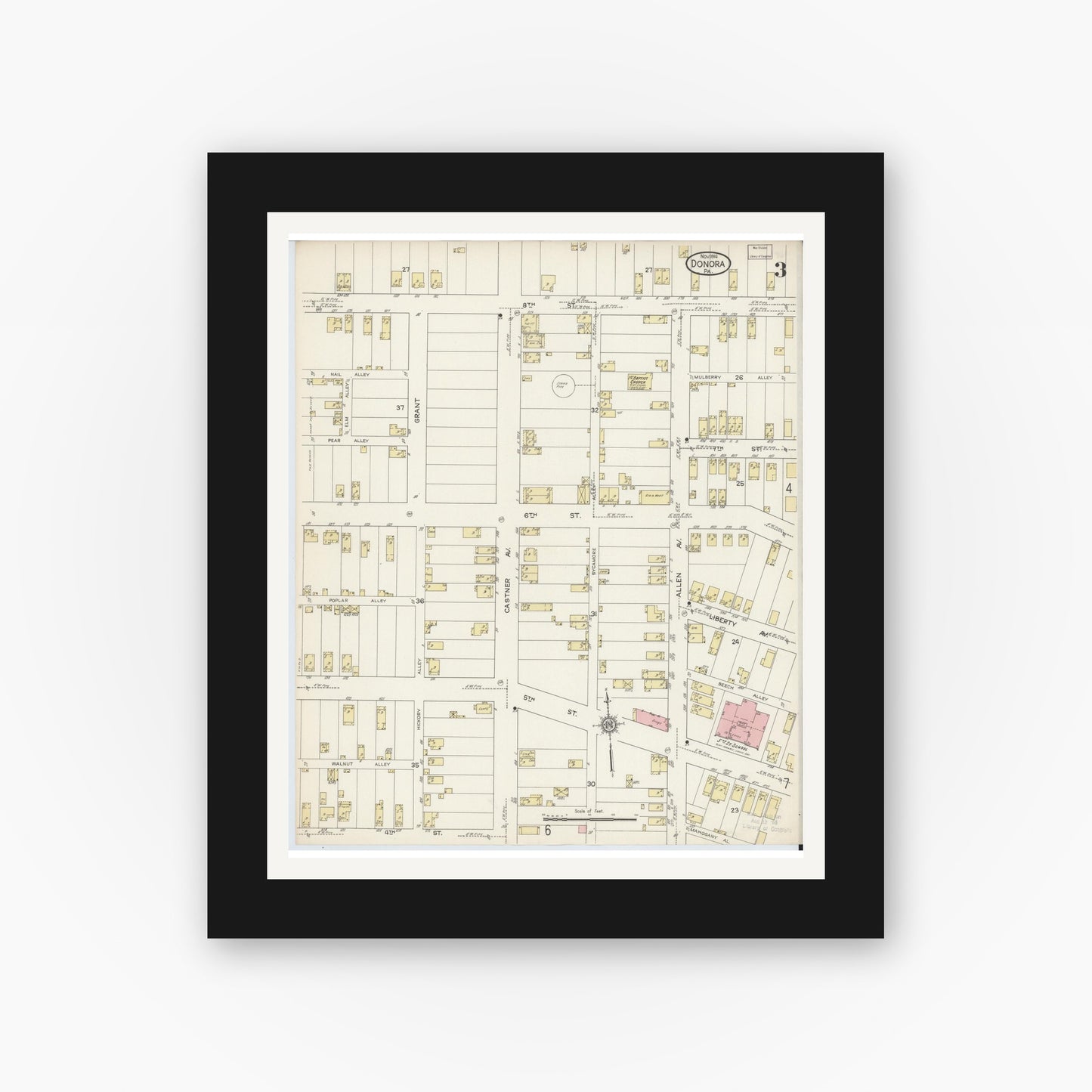 Old map wall art mockup — black gallery frame with white mat — Sanborn Fire Insurance Map from Donora, Washington County, Pennsylvania (1914), Sheet #0003