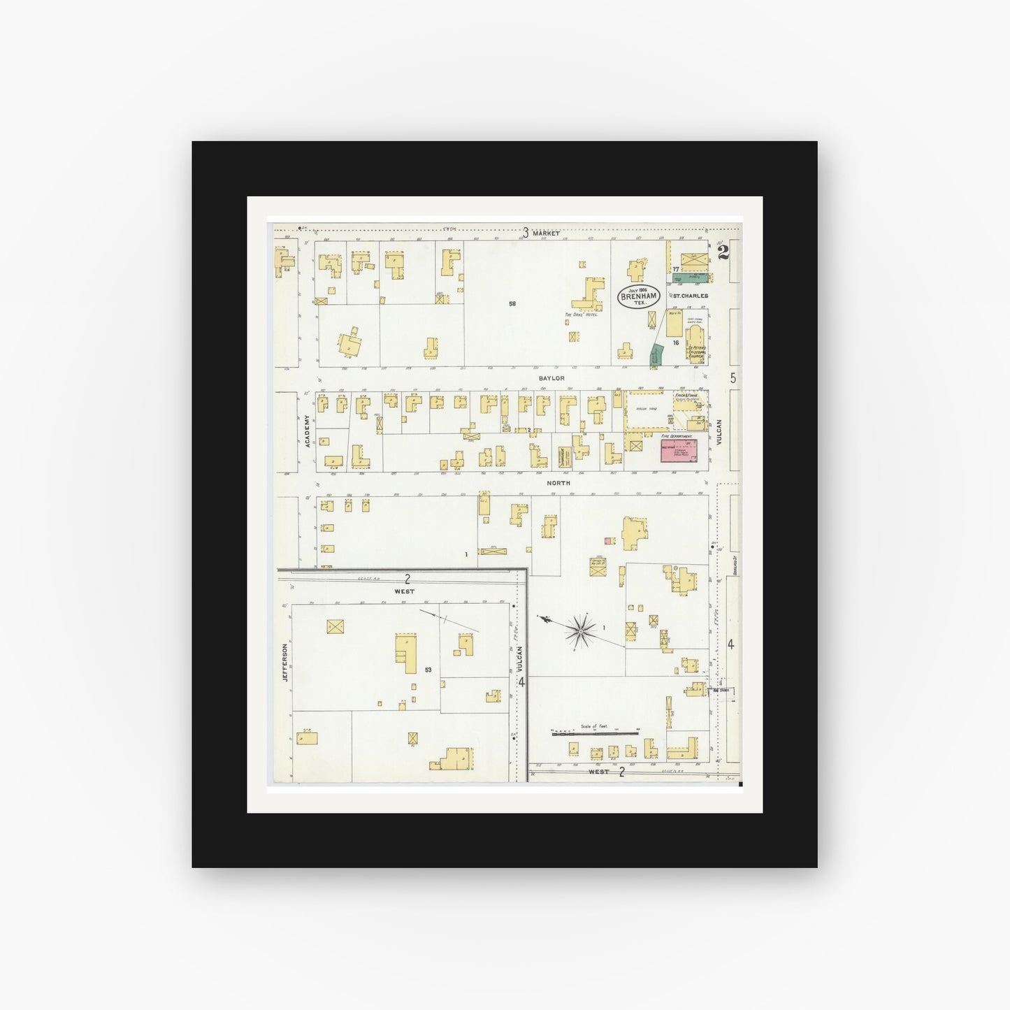 Old map wall art mockup — black gallery frame with white mat — Sanborn Fire Insurance Map from Brenham, Washington County, Texas (1906), Sheet #0002