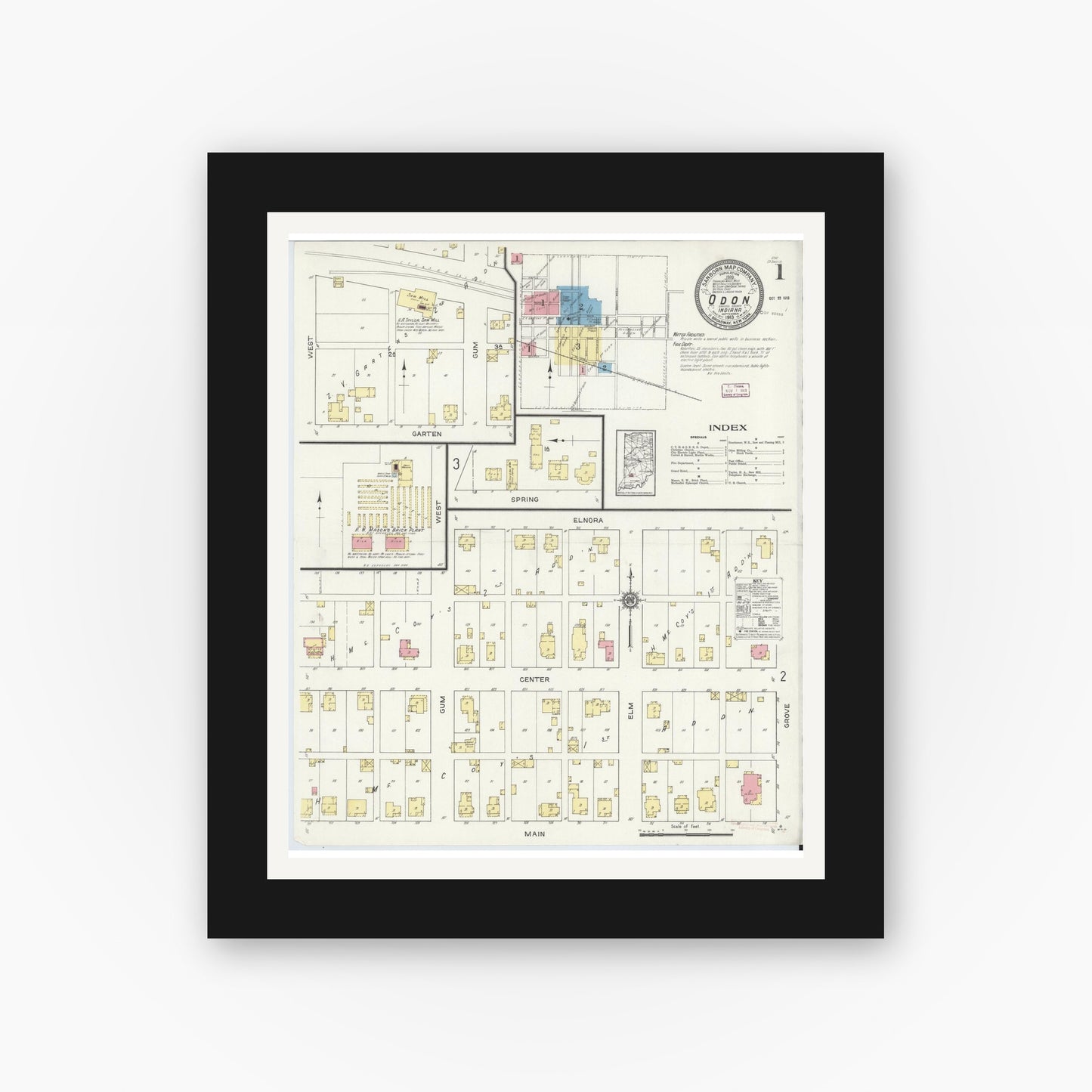Old map wall art mockup β black gallery frame with white mat β Sanborn Fire Insurance Map from Odon, Daviess County, Indiana (1913) - Complete Map Set
