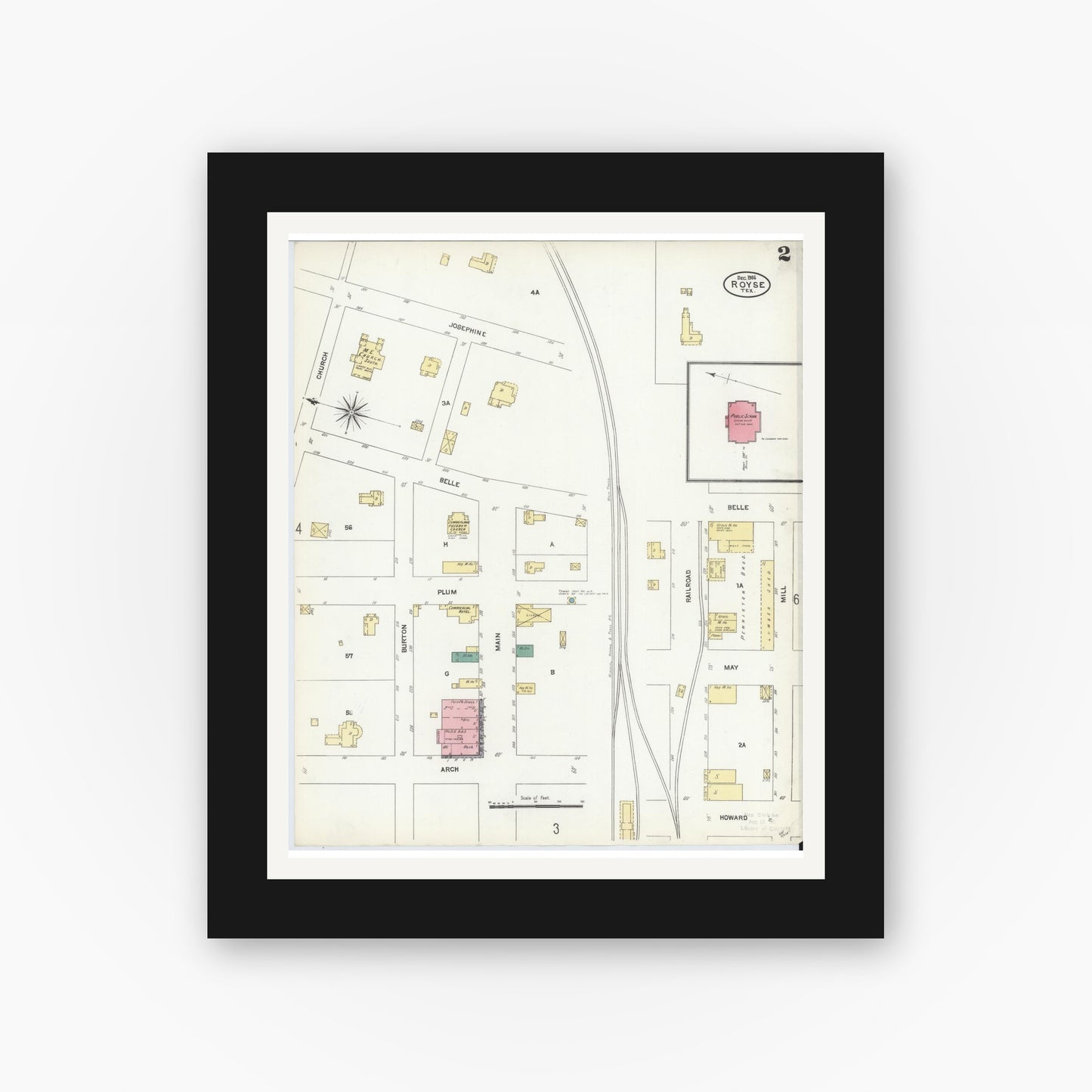 Old map wall art mockup — black gallery frame with white mat — Sanborn Fire Insurance Map from Royse City, Rockwell County, Texas (1906), Sheet #0002