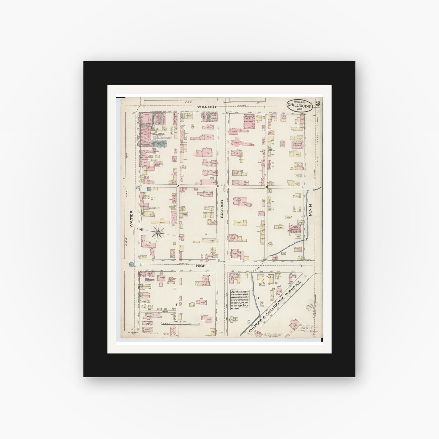 Old map wall art mockup — black gallery frame with white mat — Sanborn Fire Insurance Map from Chillicothe, Ross County, Ohio (1884), Sheet #0003