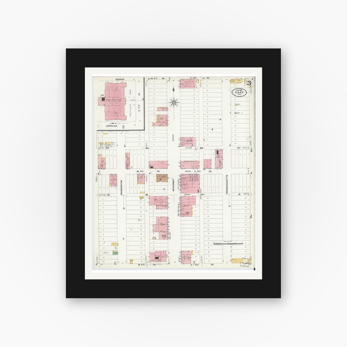 Old map wall art mockup — black gallery frame with white mat — Sanborn Fire Insurance Map from Gary, Lake County, Indiana (1908), Sheet #0003