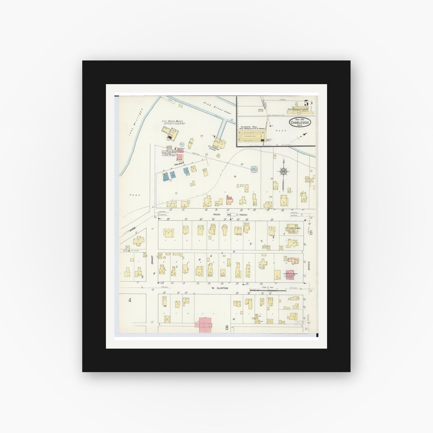 Old map wall art mockup — black gallery frame with white mat — Sanborn Fire Insurance Map from Charlevoix, Charlevoix County, Michigan (1912), Sheet #0005