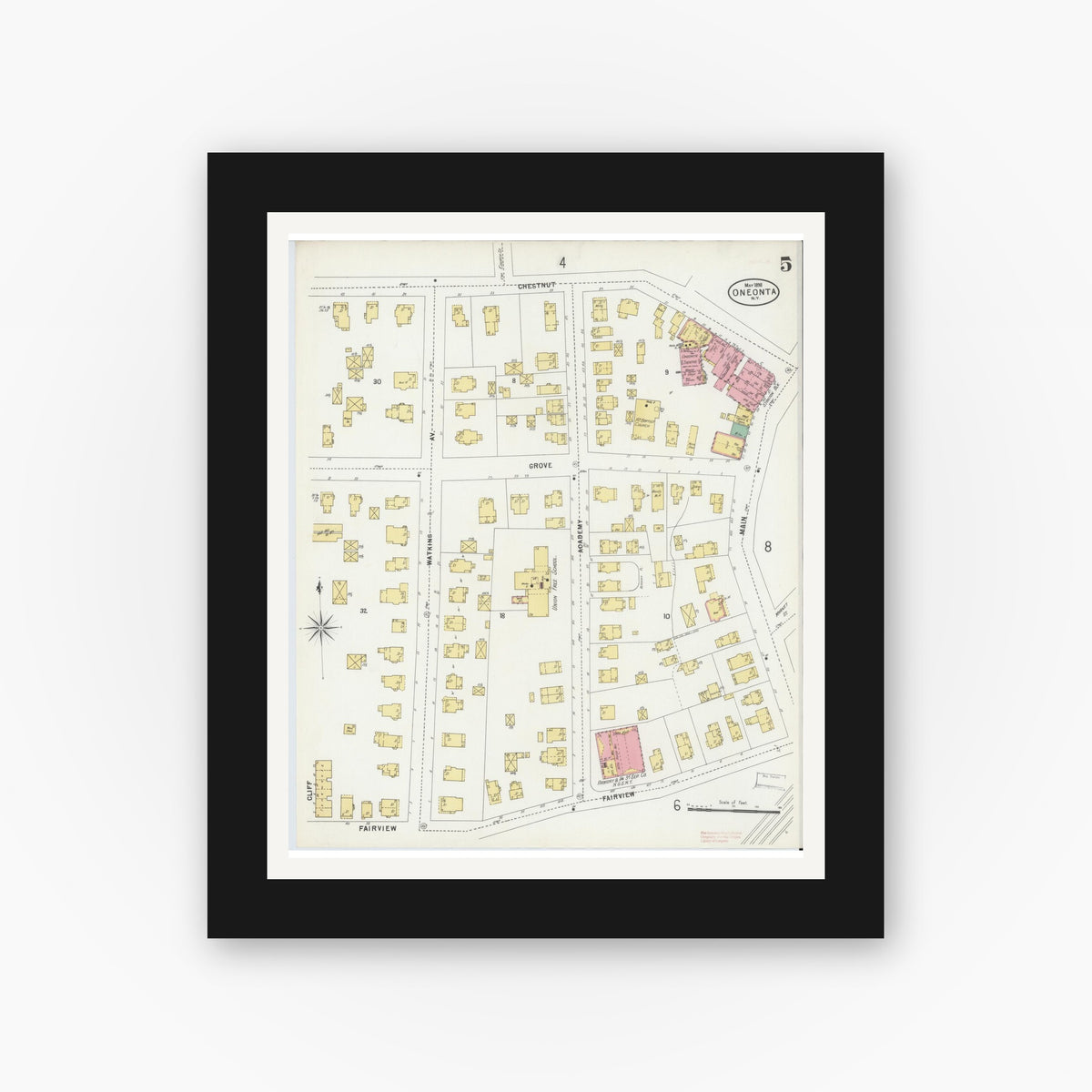 Old map wall art mockup — black gallery frame with white mat — Sanborn Fire Insurance Map from Oneonta, Otsego County, New York (1898), Sheet #0005
