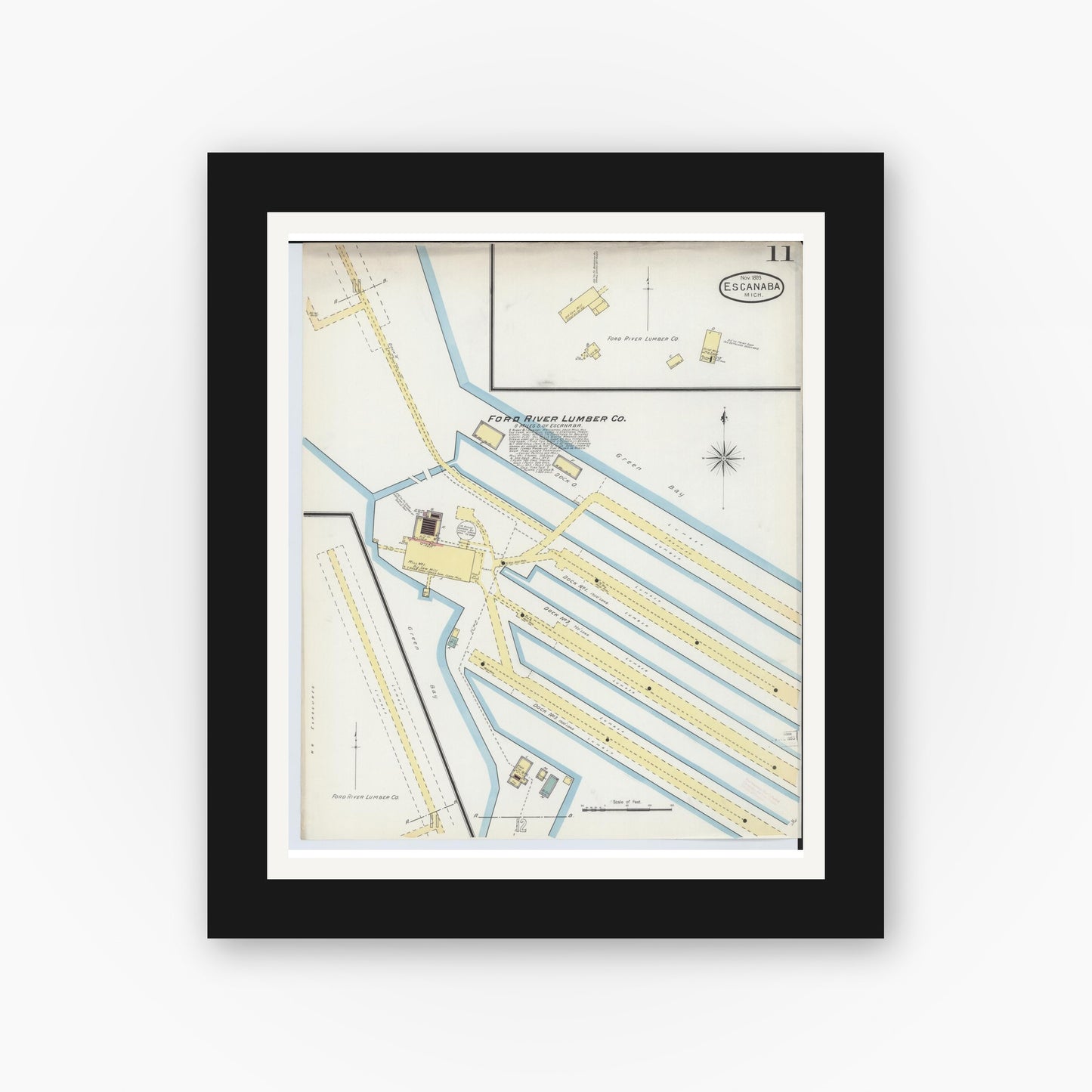 Old map wall art mockup — black gallery frame with white mat — Sanborn Fire Insurance Map from Escanaba, Delta County, Michigan (1893), Sheet #0011