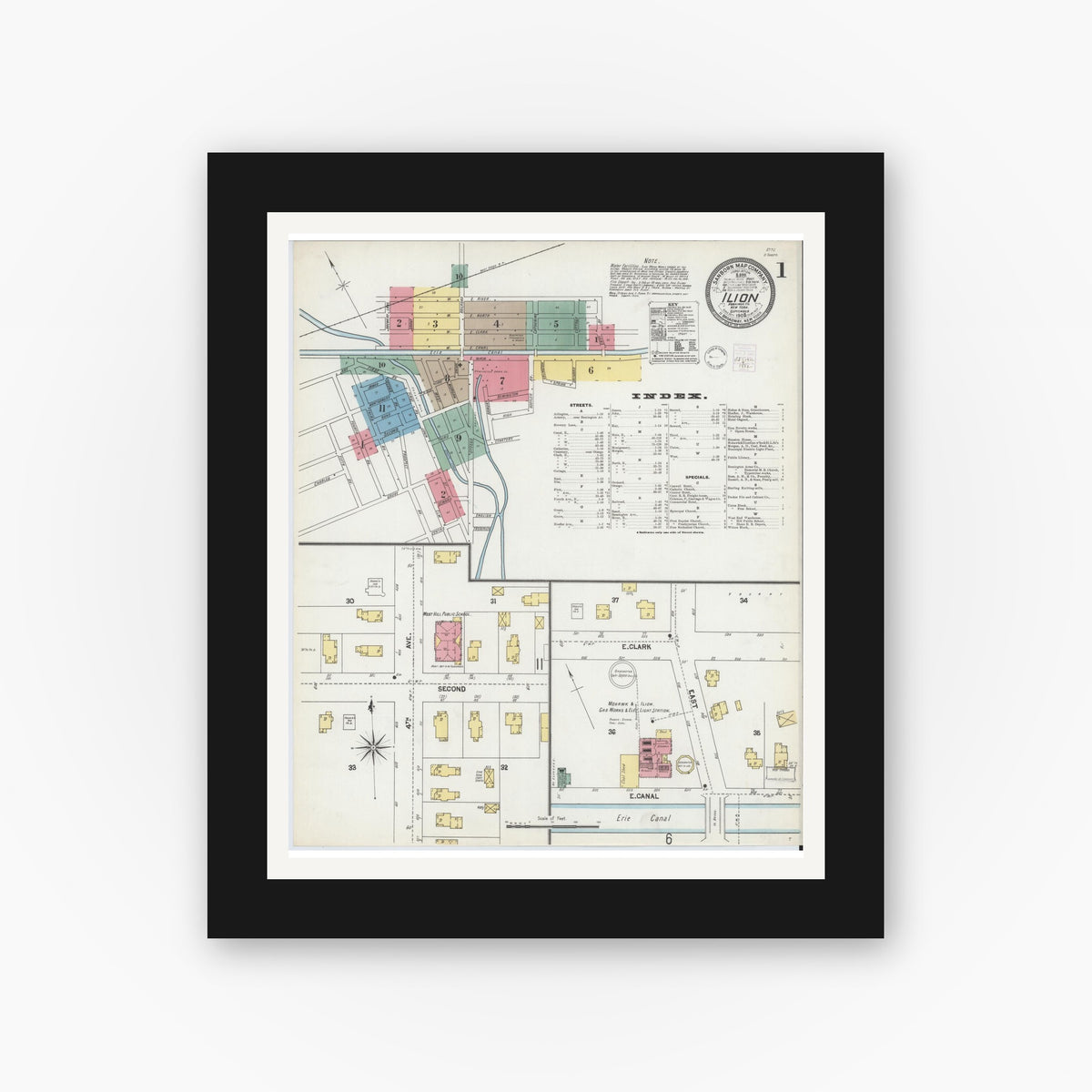 Old map wall art mockup — black gallery frame with white mat — Sanborn Fire Insurance Map from Ilion, Herkimer County, New York (1902) - Complete Map Set