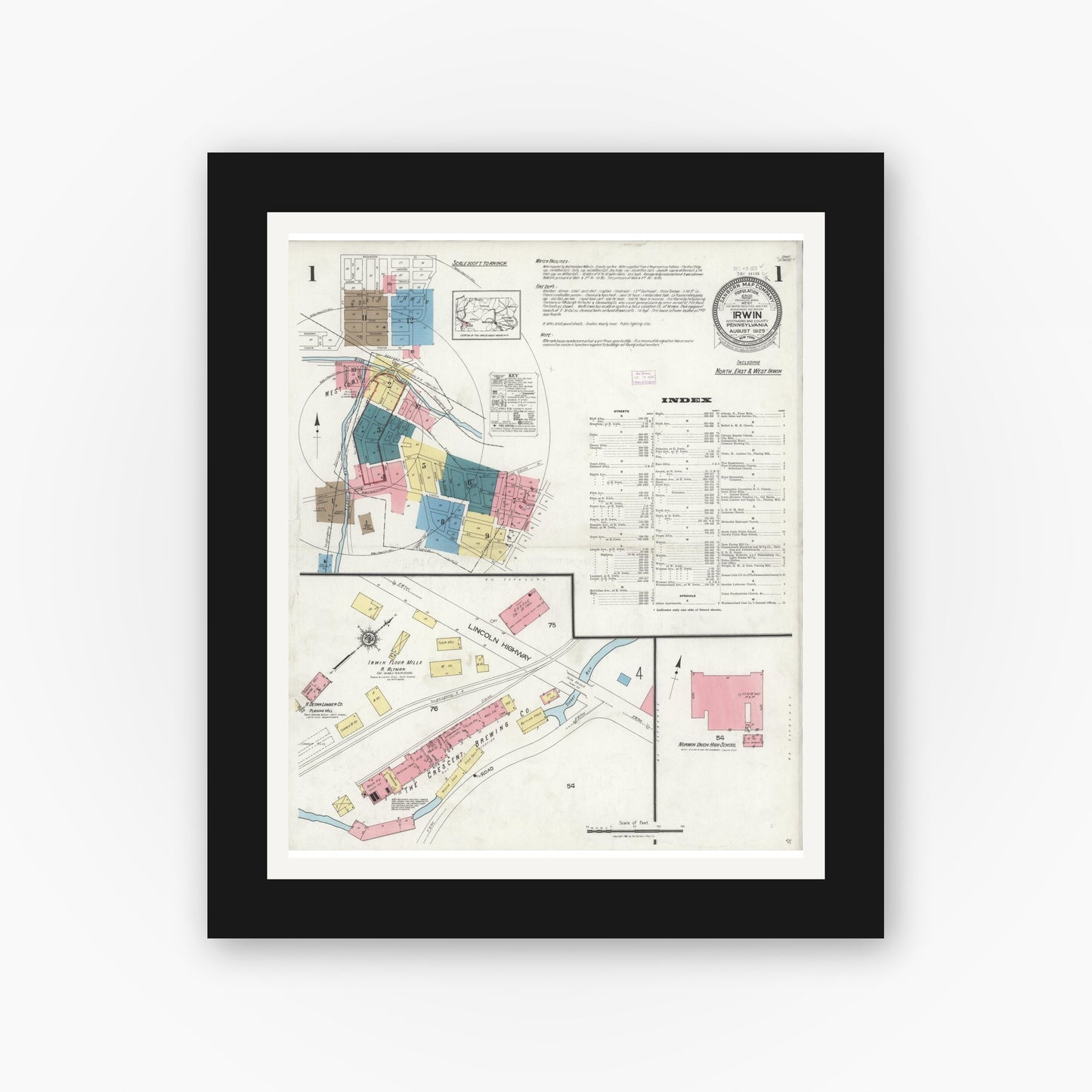 Old map wall art mockup — black gallery frame with white mat — Sanborn Fire Insurance Map from Irwin, Westmoreland County, Pennsylvania (1925), Sheet #0001