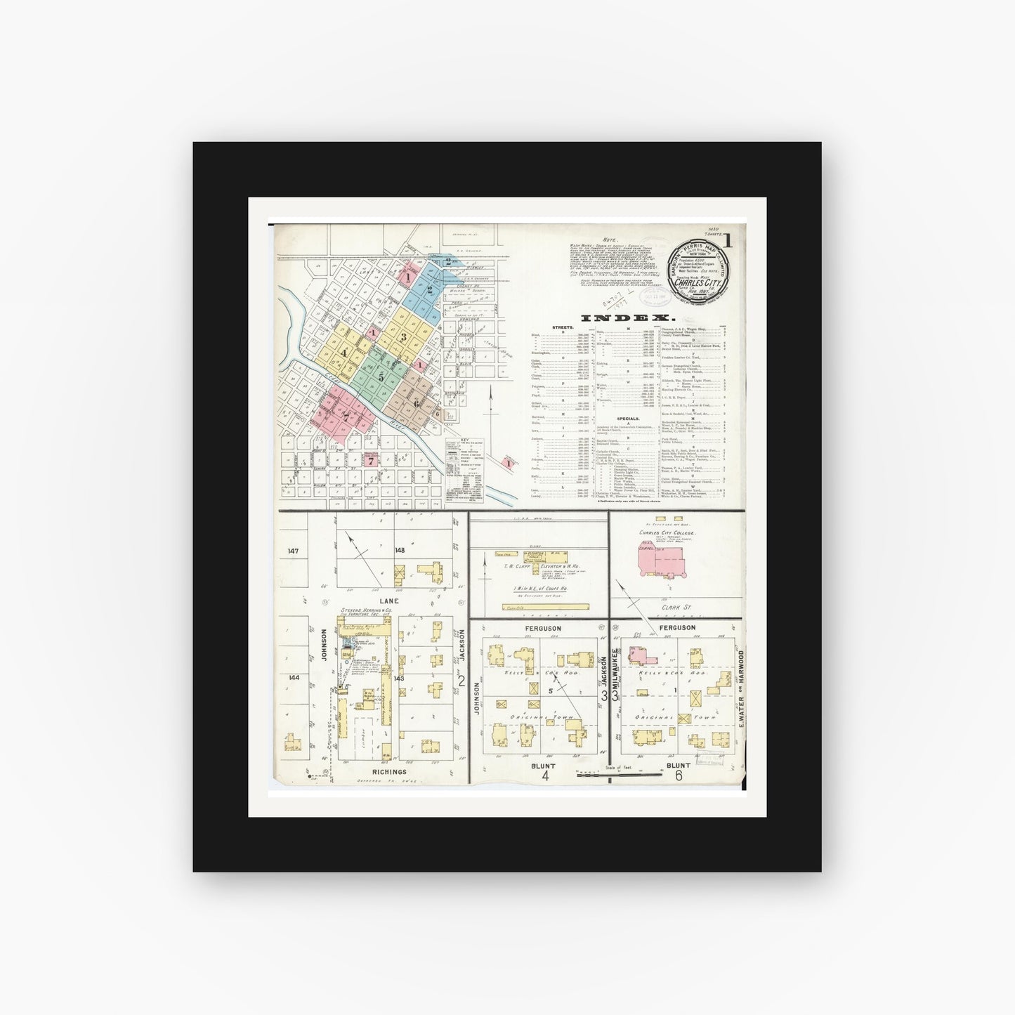 Old map wall art mockup — black gallery frame with white mat — Sanborn Fire Insurance Map from Charles City, Floyd County, Iowa (1897) — Complete Set