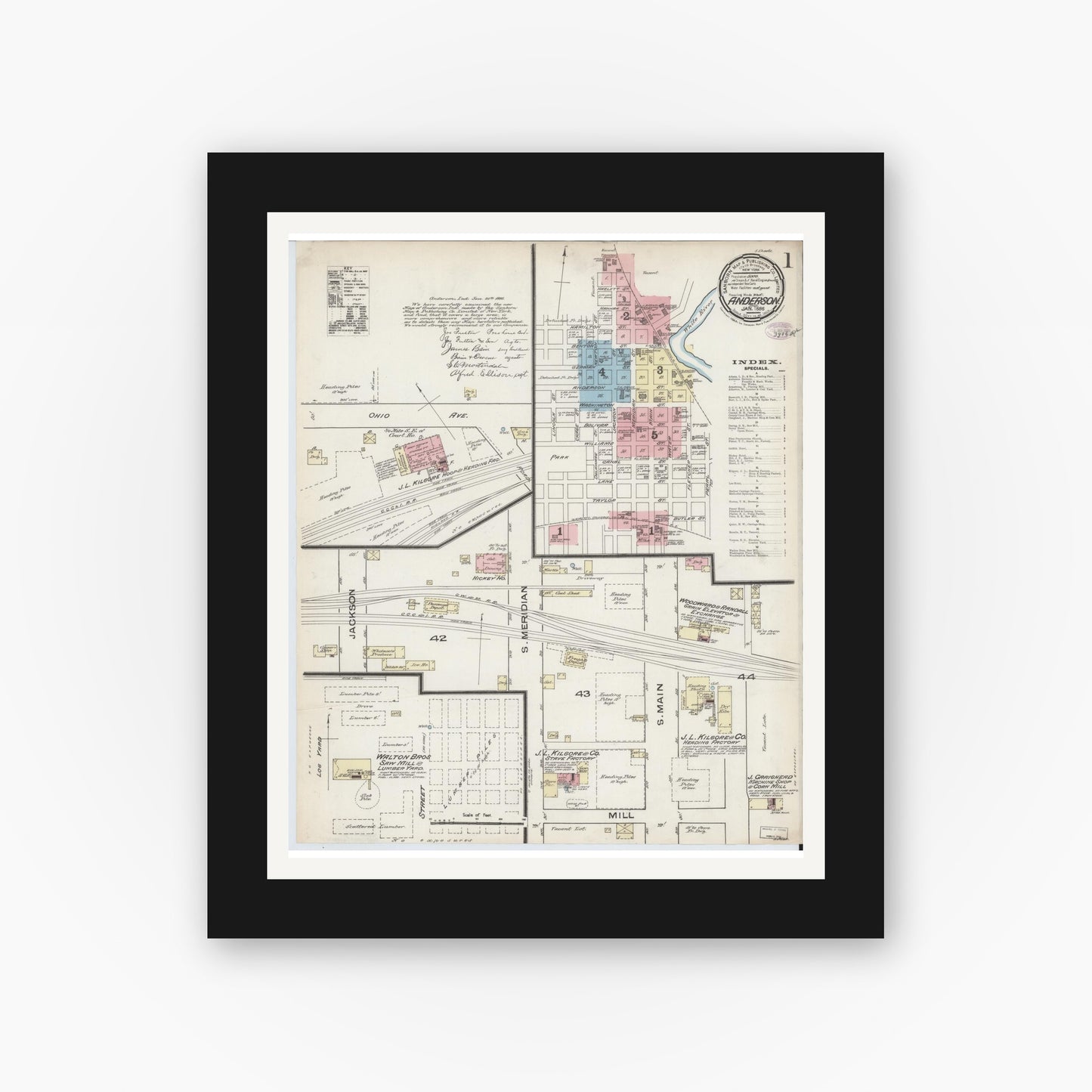 Old map wall art mockup — black gallery frame with white mat — Sanborn Fire Insurance Map from Anderson, Madison County, Indiana (1886) - Complete Map Set