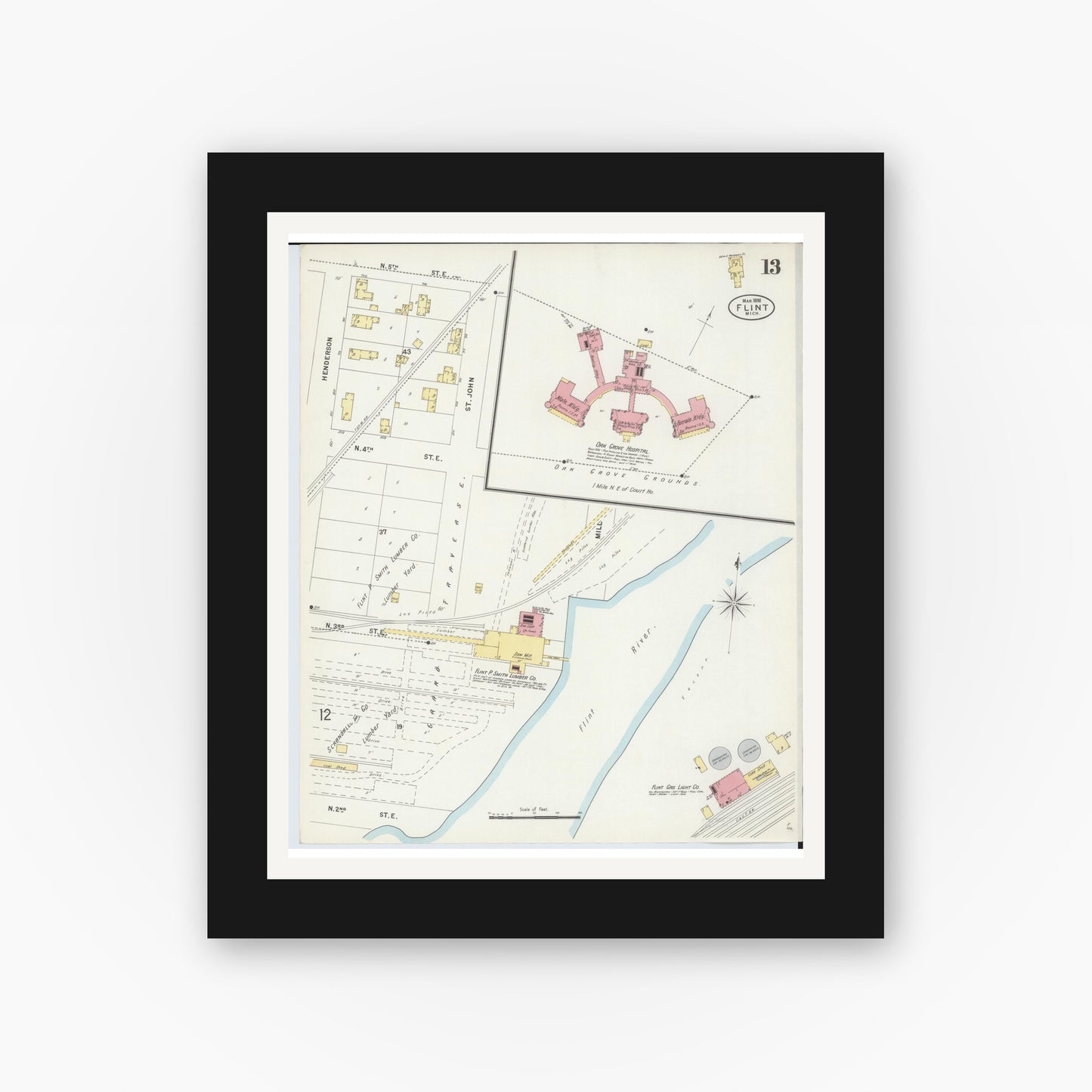 Old map wall art mockup — black gallery frame with white mat — Sanborn Fire Insurance Map from Flint, Genesee County, Michigan (1898), Sheet #0013