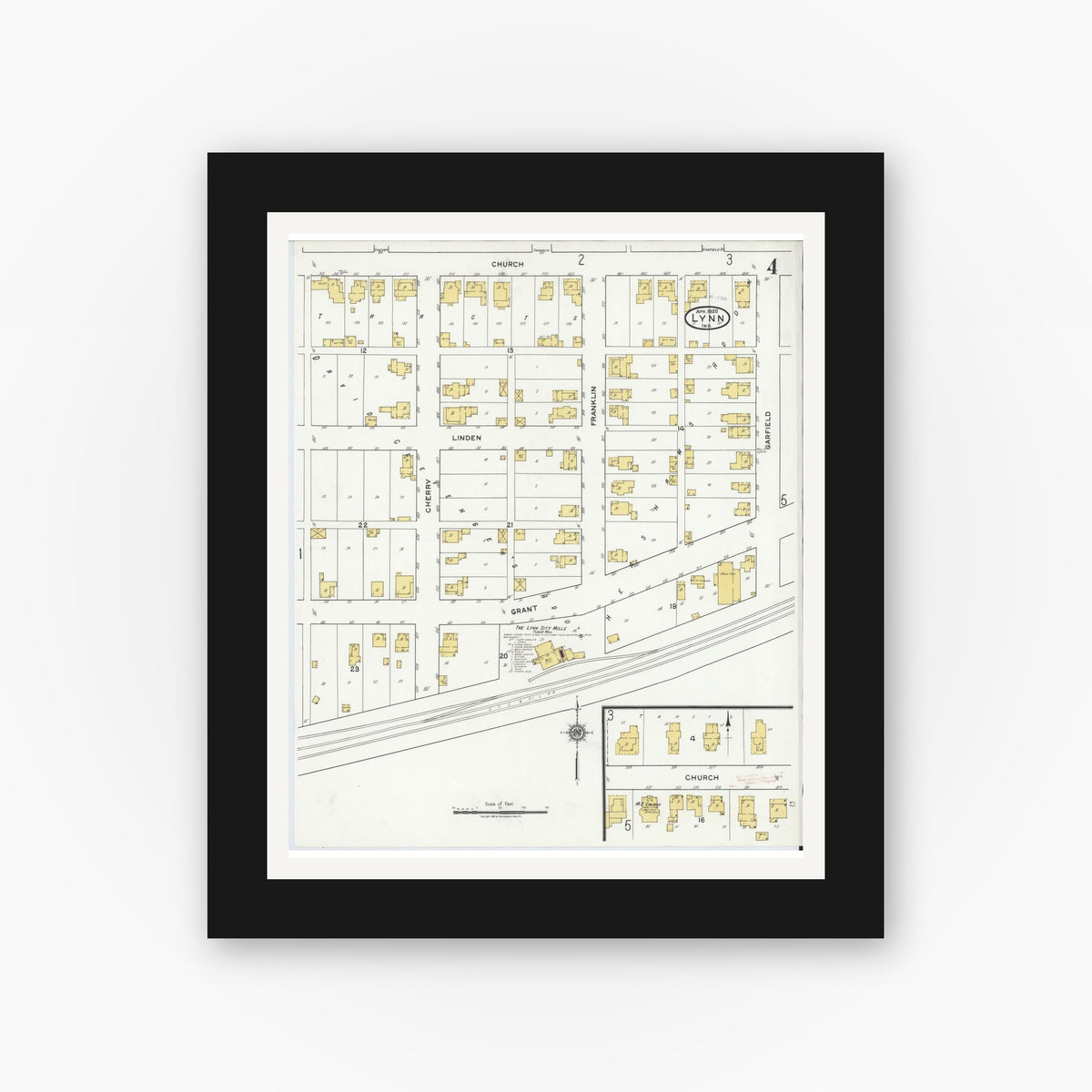 Old map wall art mockup — black gallery frame with white mat — Sanborn Fire Insurance Map from Lynn, Randolph County, Indiana (1920), Sheet #0004