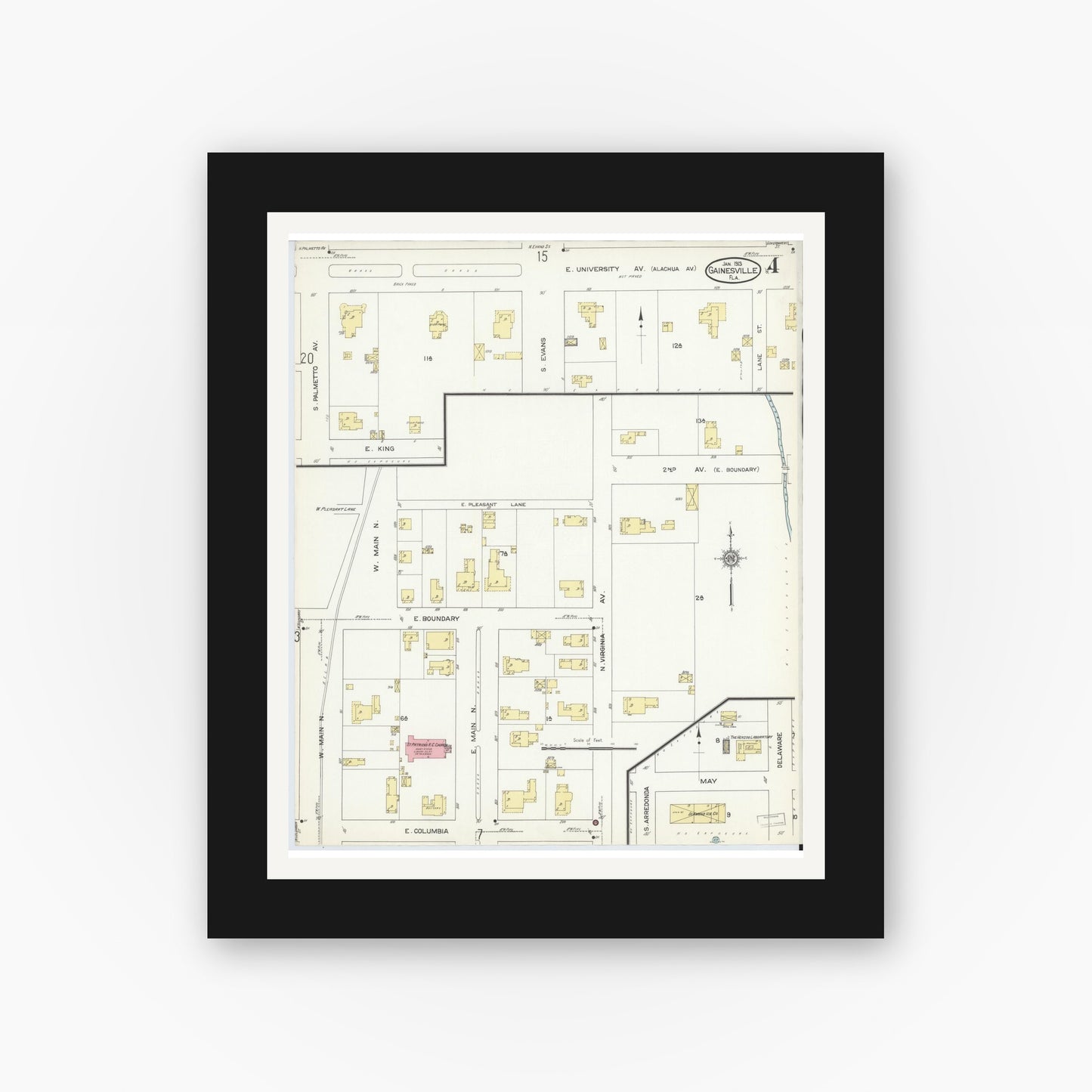 Old map wall art mockup — black gallery frame with white mat — Sanborn Fire Insurance Map from Gainesville, Alachua County, Florida (1913), Sheet #0004