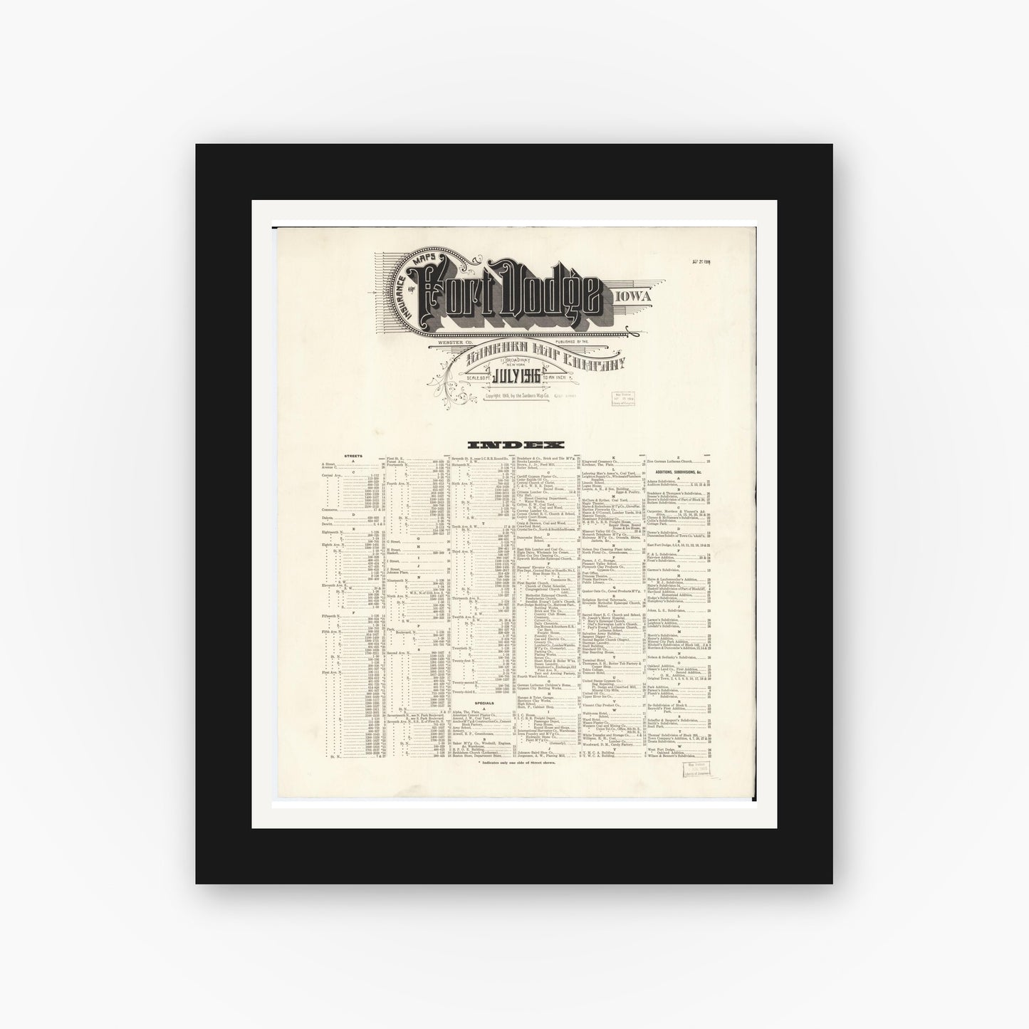 Old map wall art mockup — black gallery frame with white mat — Sanborn Fire Insurance Map from Fort Dodge, Webster County, Iowa (1916), Sheet #0001