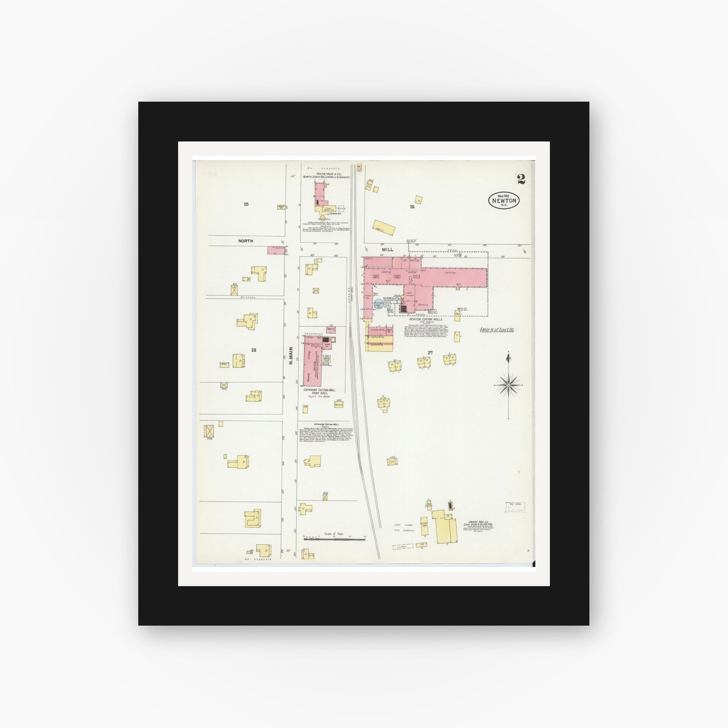 Old map wall art mockup — black gallery frame with white mat — Sanborn Fire Insurance Map from Newton, Catawba County, North Carolina (1902), Sheet #0002