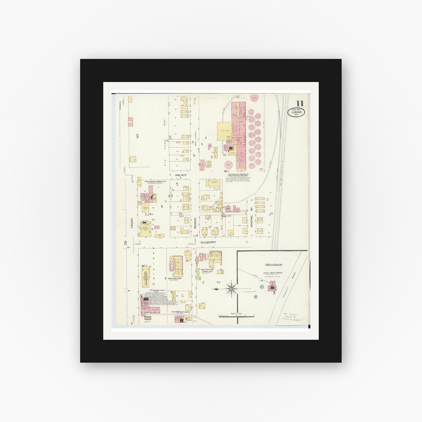 Old map wall art mockup — black gallery frame with white mat — Sanborn Fire Insurance Map from Logan, Hocking County, Ohio (1907), Sheet #0011