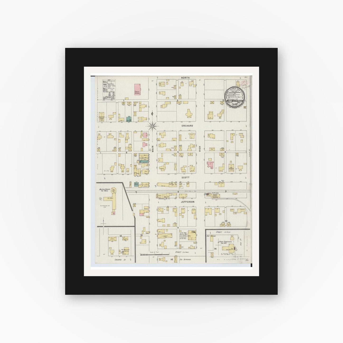 Old map wall art mockup — black gallery frame with white mat — Sanborn Fire Insurance Map from West Manchester, Preble County, Ohio (1895), Sheet #0001
