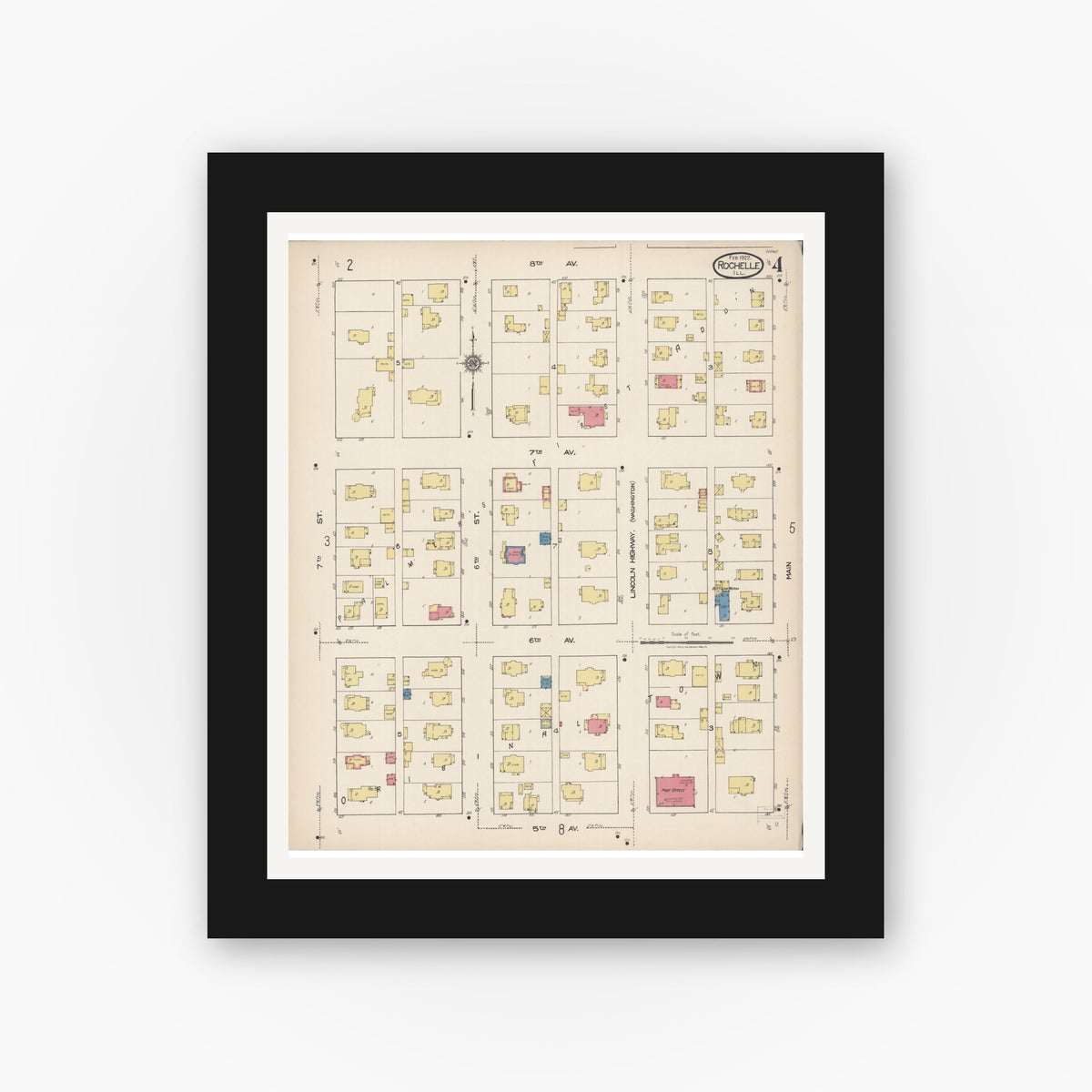 Old map wall art mockup — black gallery frame with white mat — Sanborn Fire Insurance Map from Rochelle, Ogle County, Illinois (1922), Sheet #0004