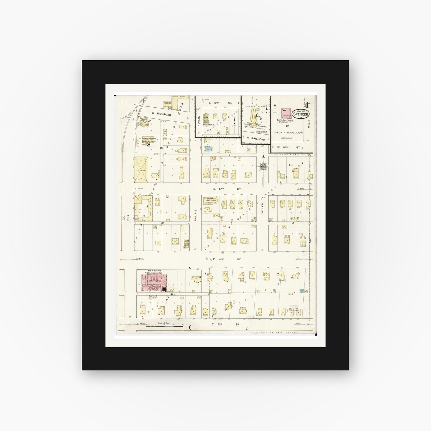 Old map wall art mockup β black gallery frame with white mat β Sanborn Fire Insurance Map from Spencer, Clay County, Iowa (1915), Sheet #0004