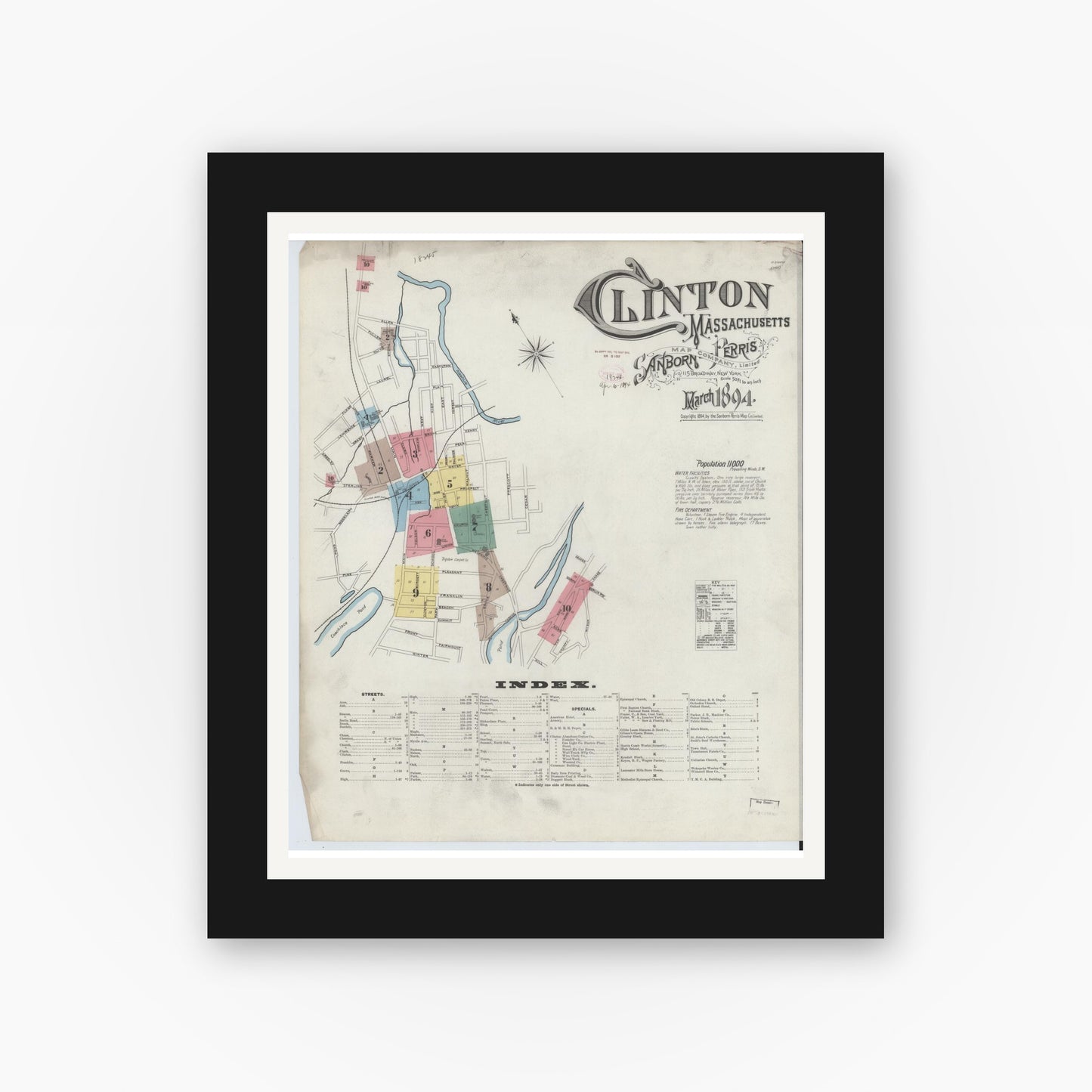 Old map wall art mockup — black gallery frame with white mat — Sanborn Fire Insurance Map from Clinton, Worcester County, Massachusetts (1894) - Complete Map Set