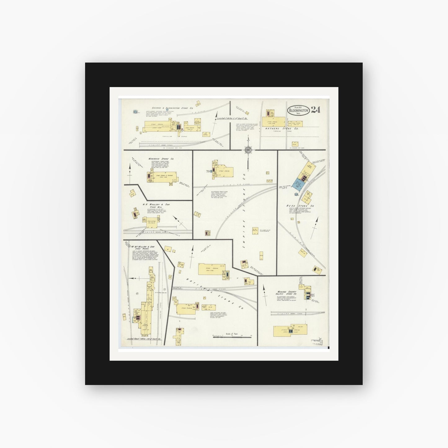 Old map wall art mockup — black gallery frame with white mat — Sanborn Fire Insurance Map from Bloomington, Monroe County, Indiana (1913), Sheet #0024