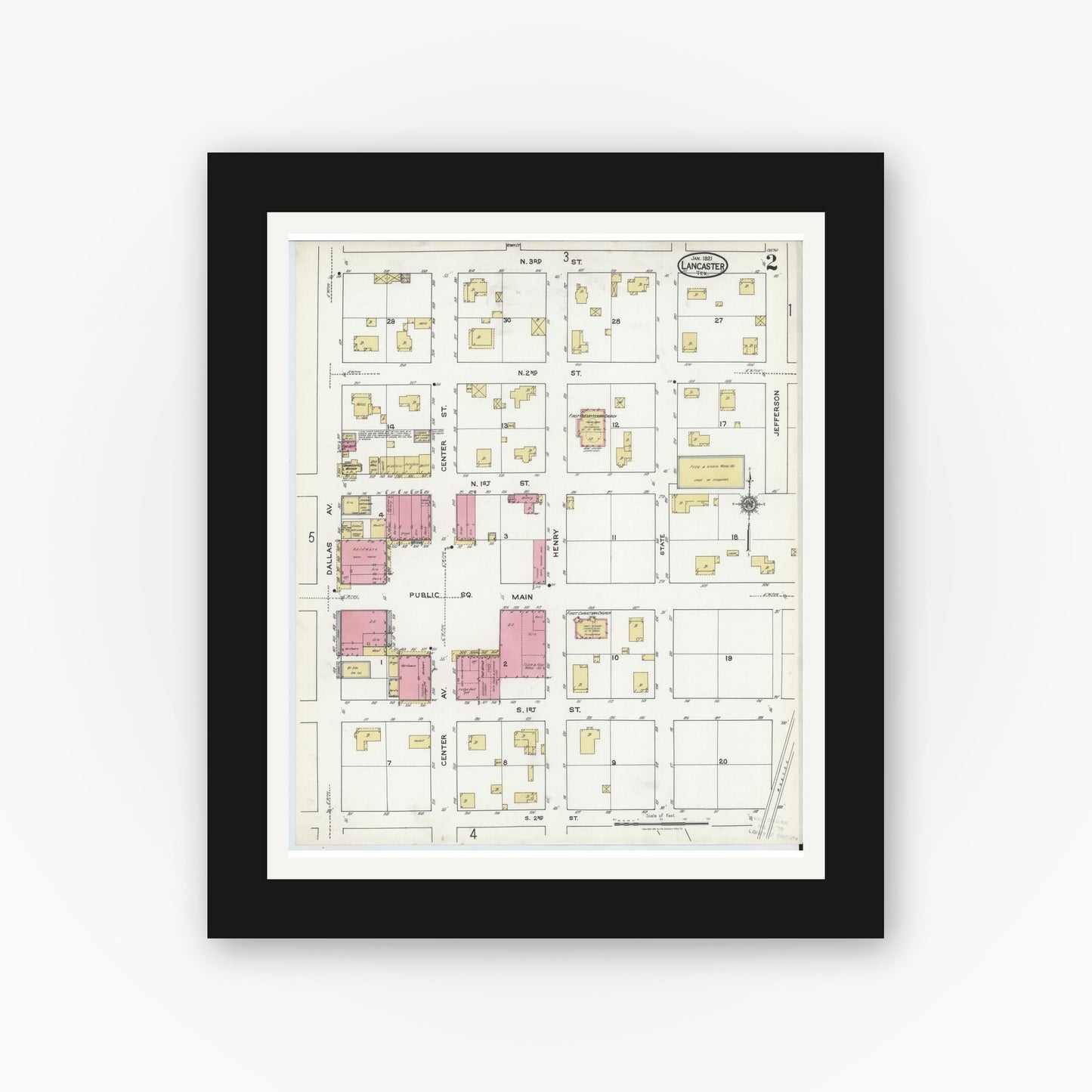 Old map wall art mockup — black gallery frame with white mat — Sanborn Fire Insurance Map from Lancaster, Dallas County, Texas (1921), Sheet #0002