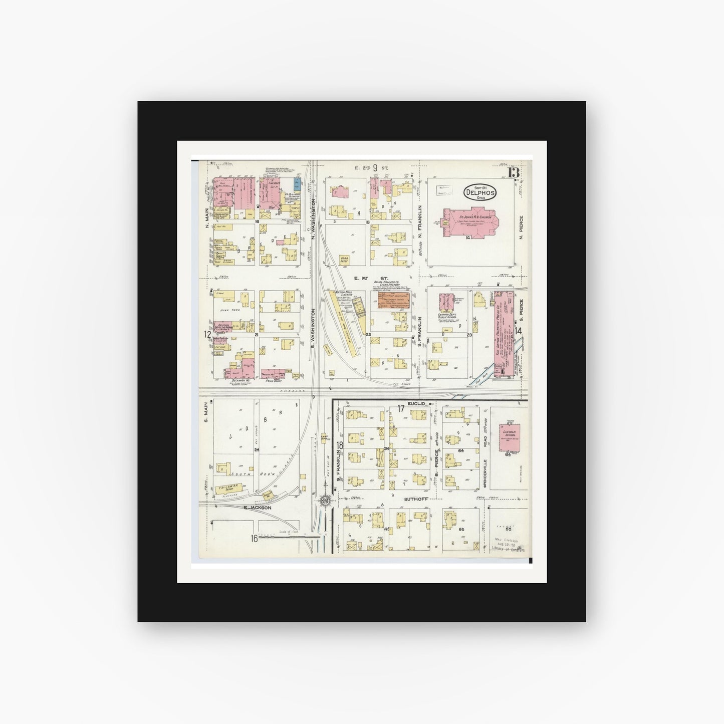 Old map wall art mockup — black gallery frame with white mat — Sanborn Fire Insurance Map from Delphos, Van Wert And Allen Counties, Ohio (1911), Sheet #0013