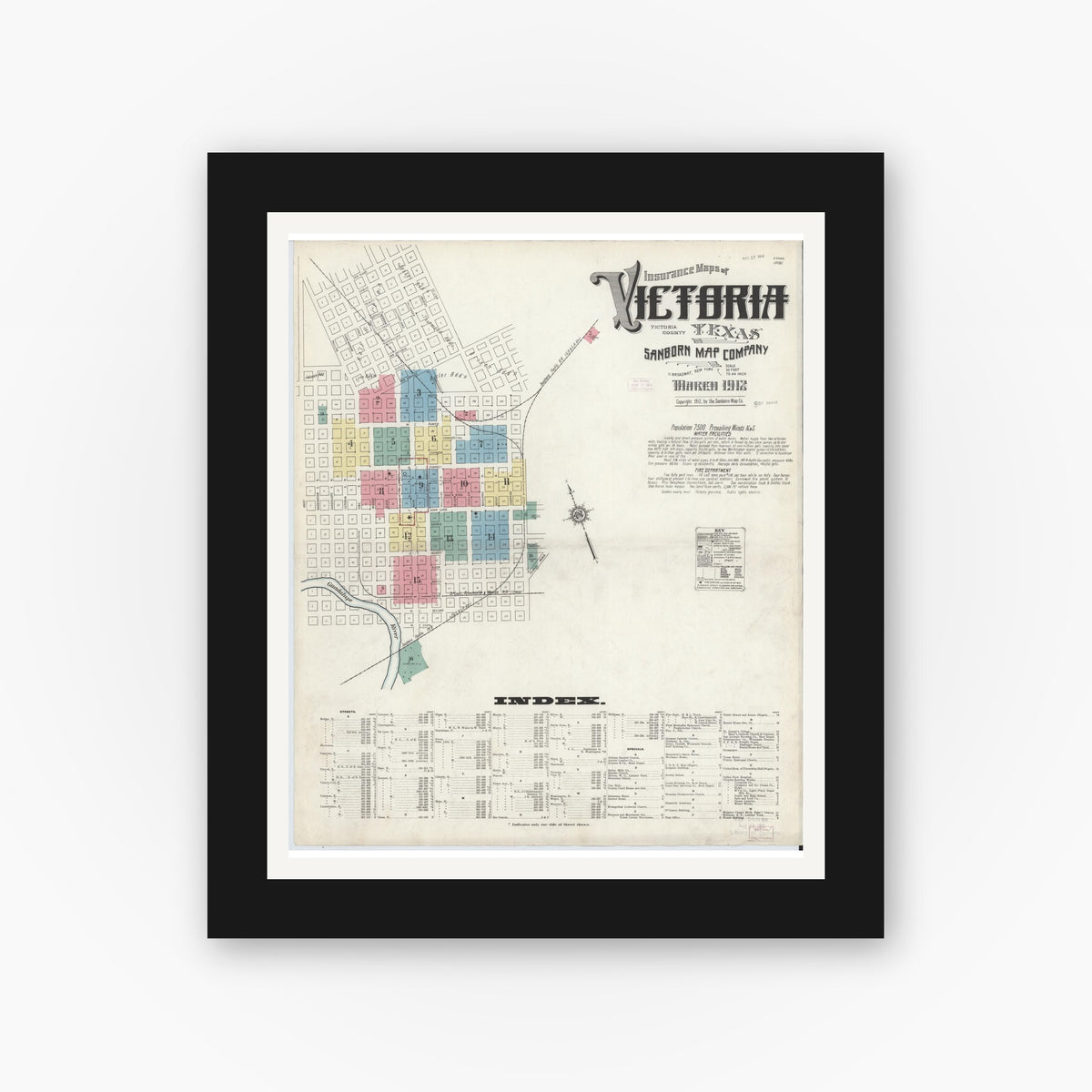 Old map wall art mockup — black gallery frame with white mat — Sanborn Fire Insurance Map from Victoria, Victoria County, Texas (1912), Sheet #0001
