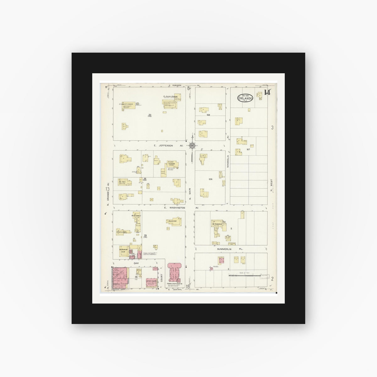 Old map wall art mockup — black gallery frame with white mat — Sanborn Fire Insurance Map from Orlando, Orange County, Florida (1913), Sheet #0014