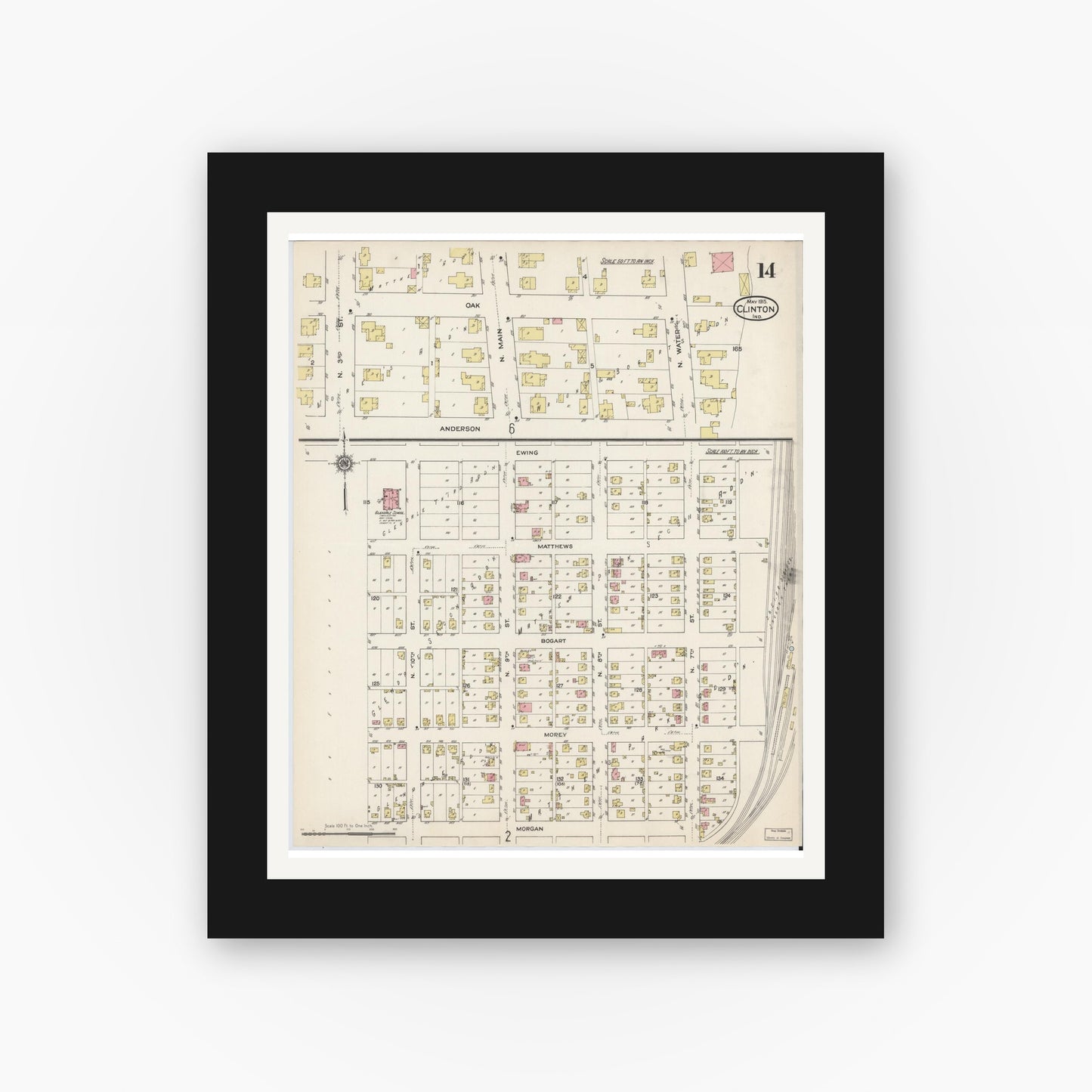 Old map wall art mockup — black gallery frame with white mat — Sanborn Fire Insurance Map from Clinton, Vermillion County, Indiana (1915), Sheet #0014