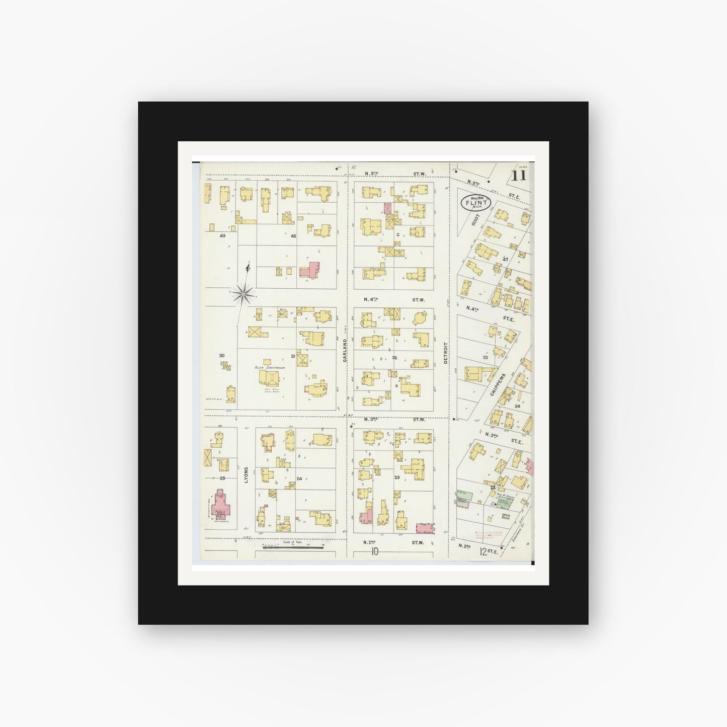 Old map wall art mockup — black gallery frame with white mat — Sanborn Fire Insurance Map from Flint, Genesee County, Michigan (1898), Sheet #0011