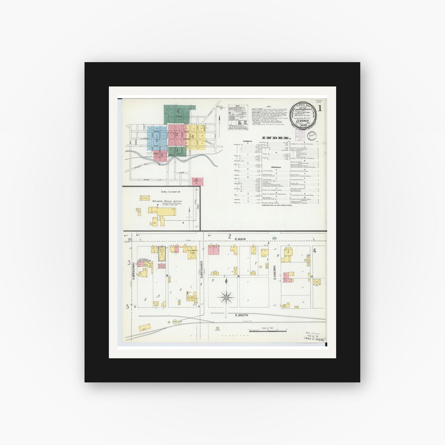 Old map wall art mockup — black gallery frame with white mat — Sanborn Fire Insurance Map from Lebanon, Warren County, Ohio (1901) - Complete Map Set